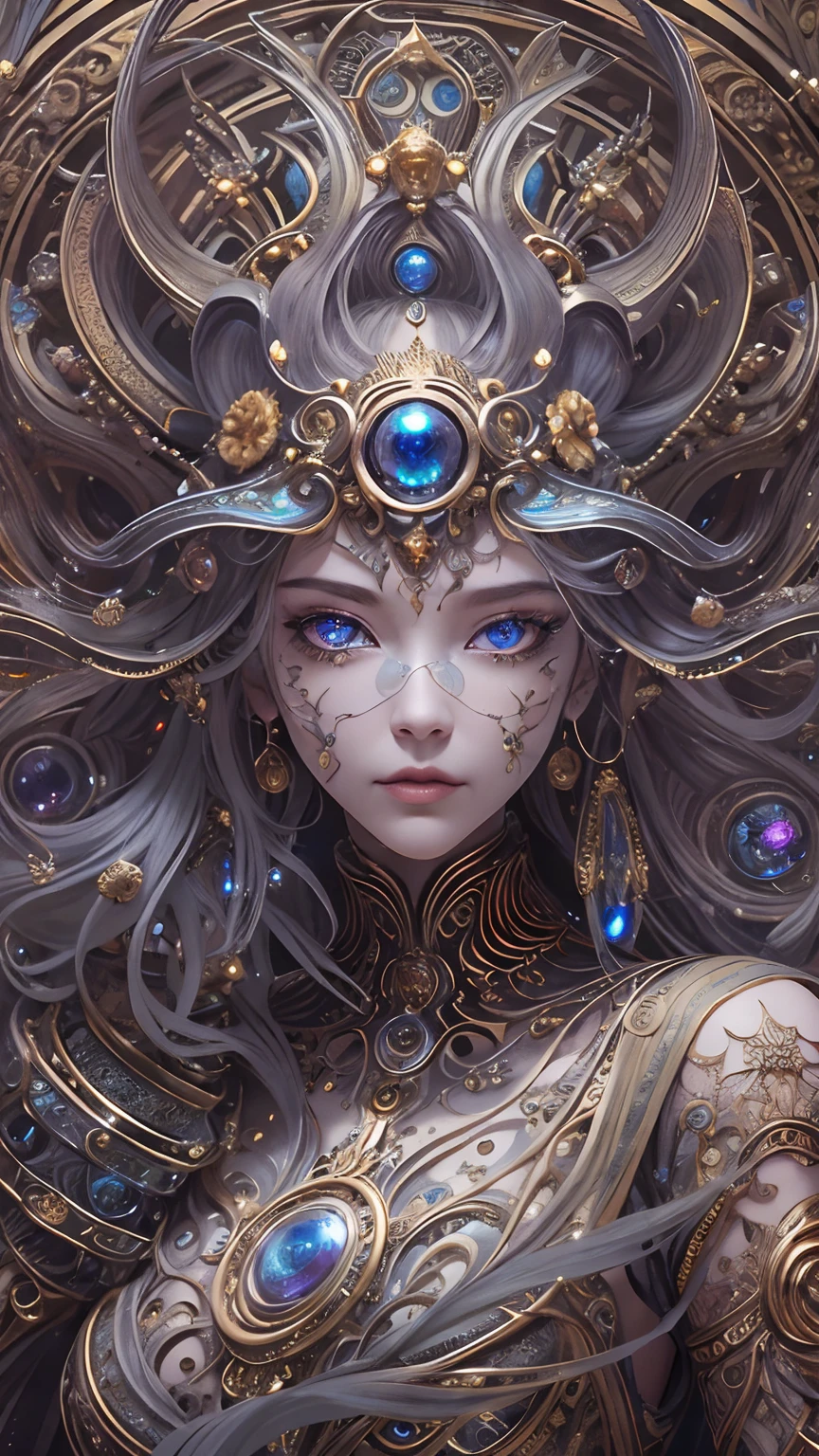 (best qualtiy,ultra - detailed,Most Best Illustration,Best shadow,tmasterpiece,A high resolution,professionalartwork,famousartwork),Detailed eyes,beautidful eyes,closeup cleavage,sci-fy,colored sclera,Robot eyes,face markings,Tattooed with,(fractalized,Fractal eyes),largeeyes,Wide eyes,(Eye focus),sface focus,Cosmic eyes,Space eyes,Close-up of metal sculpture of a woman with a moon in her hair,goddes。extremly high detail,3 d goddess portrait,Extremely detailed footage of the goddess,a stunning portrait of a goddess,Side image of the goddess,portrait of a beautiful goddess,Full body close-up portrait of the goddess,hecate goddess,portrait of a norse moon goddess,goddess of space and time