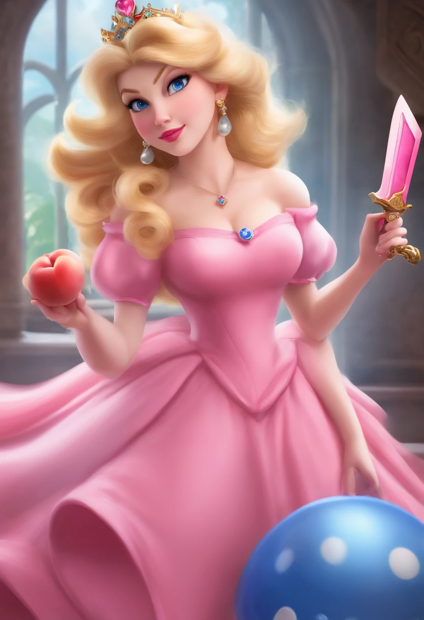 Princess peach from Mario. She’s holding a pink knife. Pink plump lips. Pink tight dress. Blue eyes. Blonde hair.