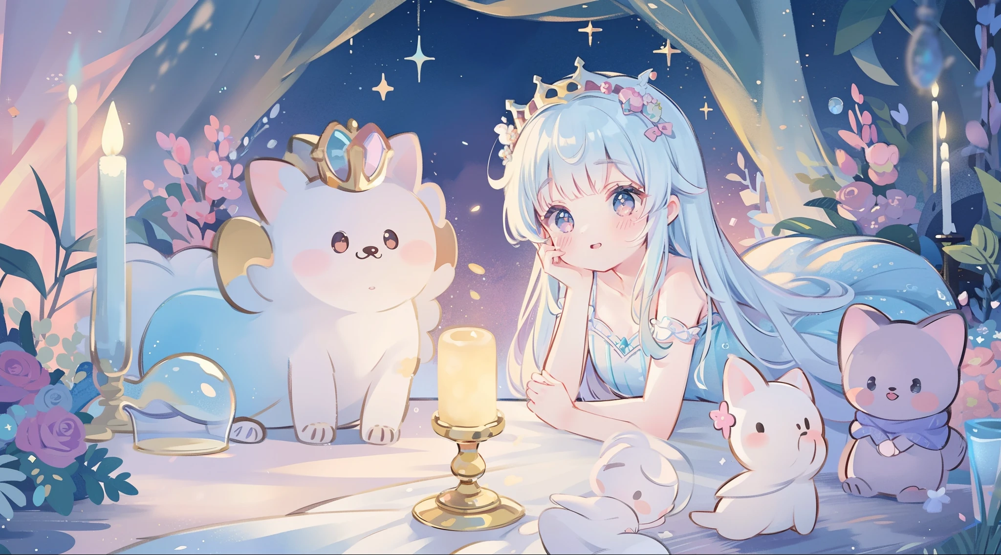 masterpiece, best quality, 8k resolution, sharp focus, intricate detail, beautiful girl, sparkling eyes, golden ratio face, otherworldly liquid, watercolor, ((pastel colors)), bright colors, whimsical, colorful, sharp focus, high resolution, fine detail, princess fantasy ballgown, ((round eyes)), iridescent bubbles, castle landscape in background