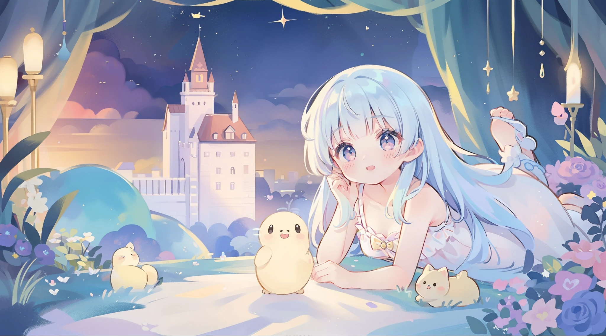masterpiece, best quality, 8k resolution, sharp focus, intricate detail, beautiful girl, sparkling eyes, golden ratio face, otherworldly liquid, watercolor, ((pastel colors)), bright colors, whimsical, colorful, sharp focus, high resolution, fine detail, princess fantasy ballgown, ((round eyes)), iridescent bubbles, castle landscape in background