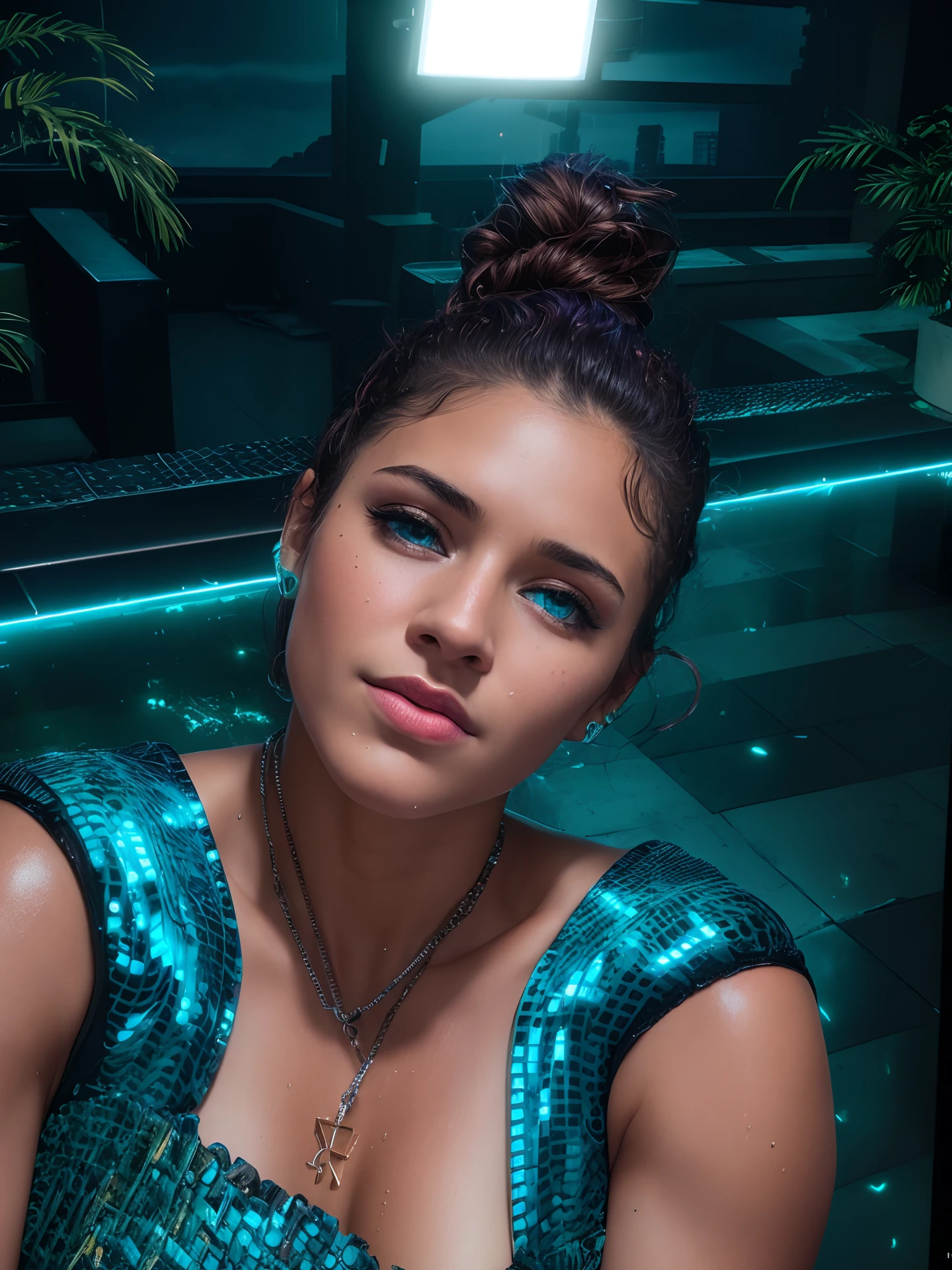 Full face portrait photo of a 23-year-old European girl, RAW, beautiful woman, half-open strawberry lips, dimples, wistful look, (extra long wavy brown hair), ((detailed face)), ((detailed facial features)), (finely detailed skin), pale skin, (in a deep neckline highly detailed sexy futuristic cyberpunk dress made of circuit boards, the megacity cyberpunk environment, neon lights, skyscrapers), (shirtless), ((in the gym)), soft natural light, wet skin, cyberpunk megacity environment, (cool colors), damp, reflections, (masterpiece) (perfect aspect ratio), (realistic photo), (best quality), (detailed) photographed on a Canon EOS R5, 50mm lens, F/2.8, HDR, (8k) (wallpaper) (cinematic lighting) (dramatic lighting) (sharp focus) (intricate), RAW photo, RAW photo, gigachad photo, posing for camera, black jeans, arms behind, 8k uhd, dslr, high quality, film grain, Fujifilm XT3, extremely detailed, photorealistic, realistic, incredibly absurd, highly detailed, sharp focus, (Professional Studio Lighting), (Professional Color Grading), Edge Lighting, Dramatic lighting, Cinematic lighting, Lumen reflections, Soft natural lighting, Soft color, Photon mapping, Radiosity, (Beautiful eyes), (Detailed eyes), (Detailed face), symmetrical eyes, sharp eyes, cold face, full body), (HIGH LEVEL OF DETAIL),(wet, oil-lubricated), (athletic body), (sweaty), thin waist, large breasts, (sperm in breasts), high detailed skin, uncharacterized texture, hyper detailed, realistic skin texture, armor, best quality, ultra high res, (photorealistic: 1.4) high resolution, detailed, raw photo, sharp re, by lee jeffries nikon d850 film stock photography 4 kodak portra 400 camera F1.6 Lens rich colors hyper realistic texture dramatic lighting UnrealEngine trend in Artstation Cinestill 800, veins in the body, (body and fitness).