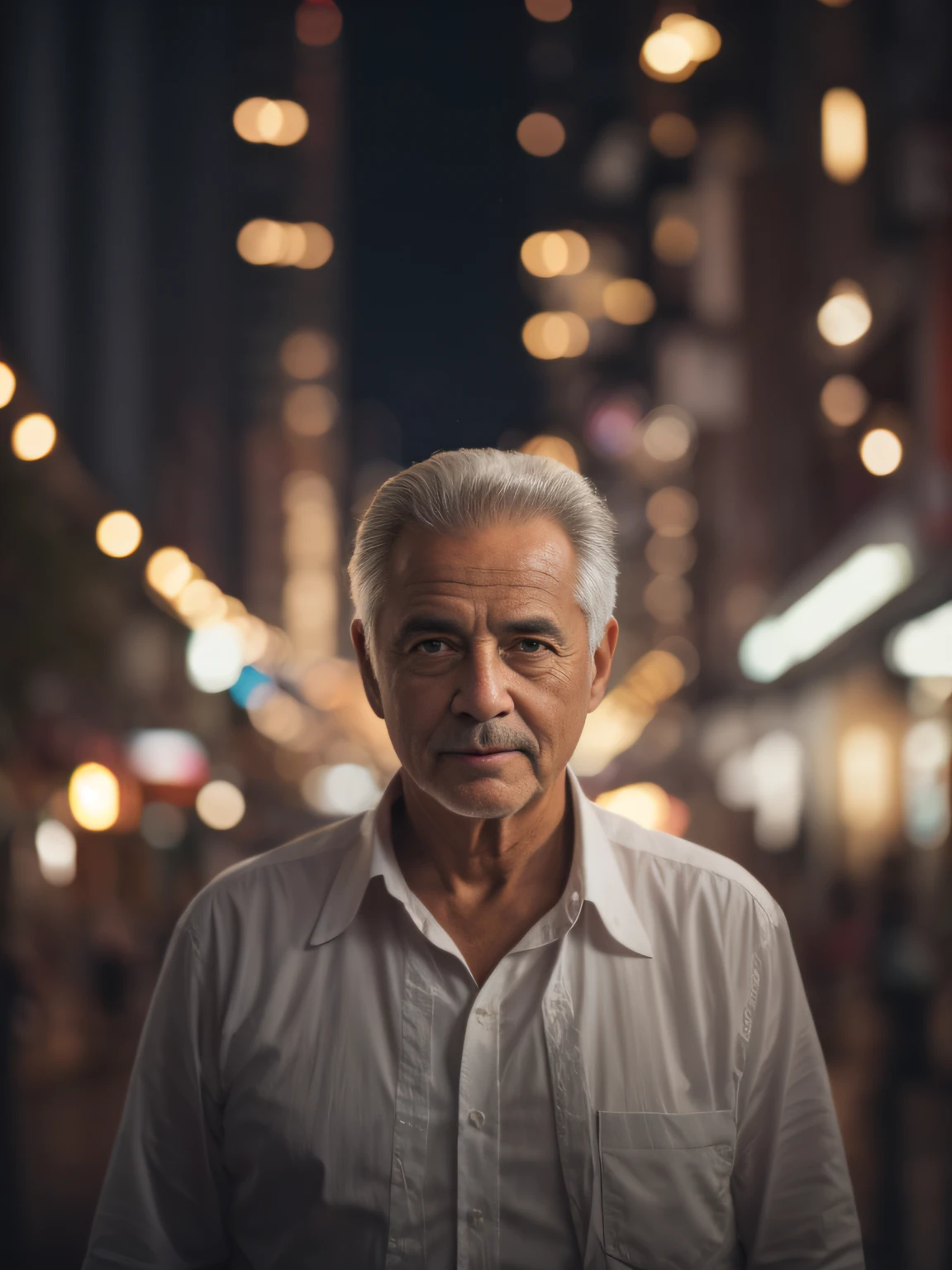 there is a man standing in the middle of a city street, old man in tokyo at night, cinematic portrayal, Retrato tirado 8 K, foto do retrato de um homem velho, homem de meia-idade, foto de um homem, O olhar de um idoso, homem de cabelos grisalhos escuros, retrato suave luz baixa, homem bonito, foto retrato suave 8 k, retrato do homem velho