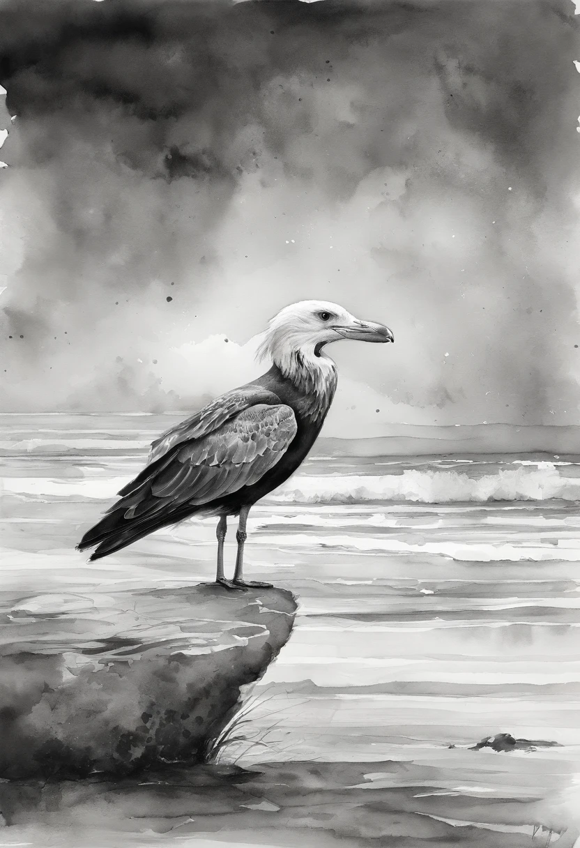 Imagen en blanco y negro, una gaviota en la playa