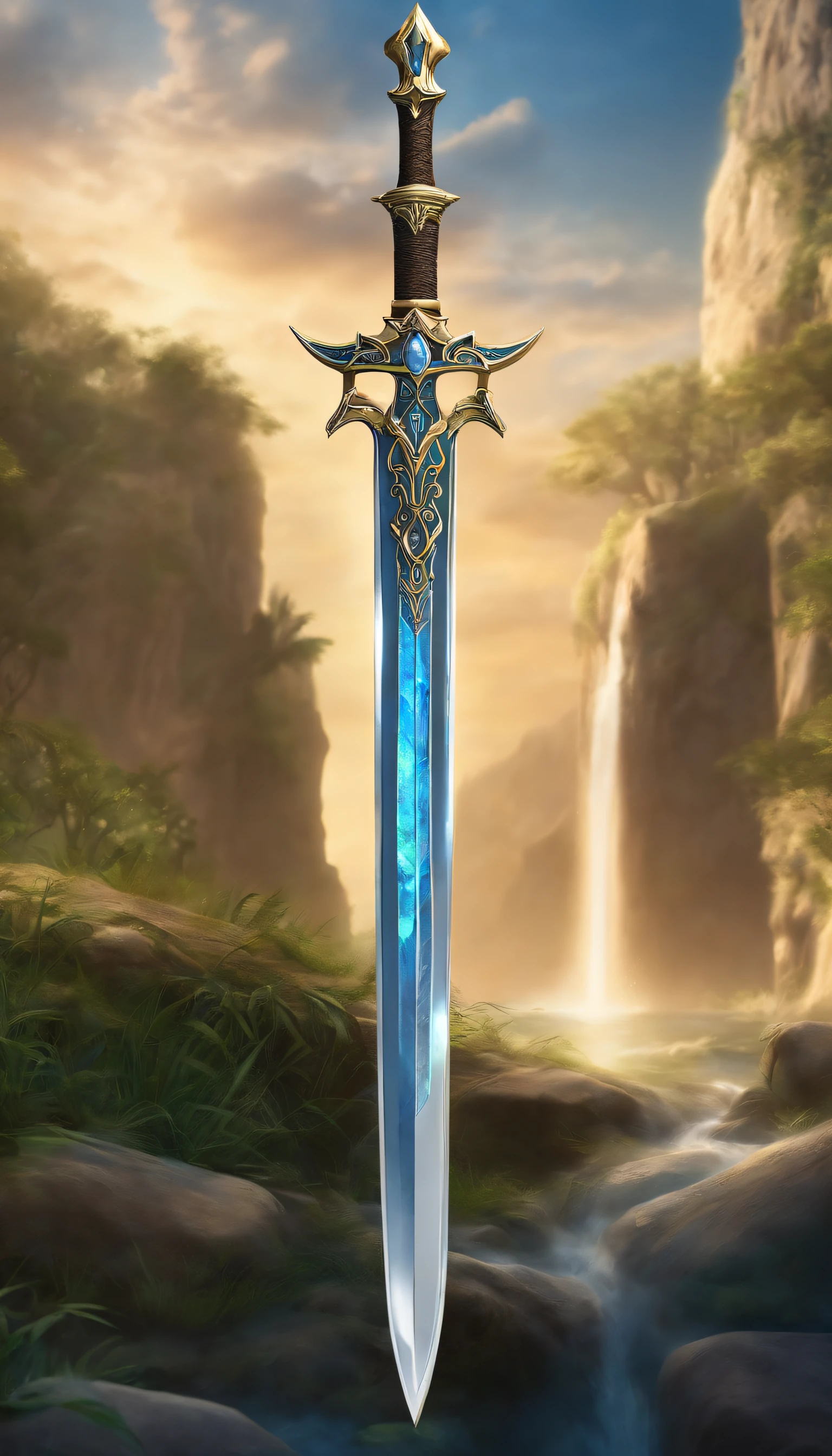 Excalibur, Delicate mango, The sword body is exquisite,well decorated,(((The body of the sword is designed with a blue opal and a light green particle effect shaped pattern..:1.3))), Should, (The sword body is symmetrically decorated:1.3), (The entire Excalibur blade is centered:1.3), Close-up at medium range,(General silhouette:1.3),(Fantastic landscape painting:1.2), Ultra Realistic Photo, super-fine, 8K, Premium wallpapers, the highest picture quality, ..。.。.3D,C4D, tmasterpiece, rendering by octane