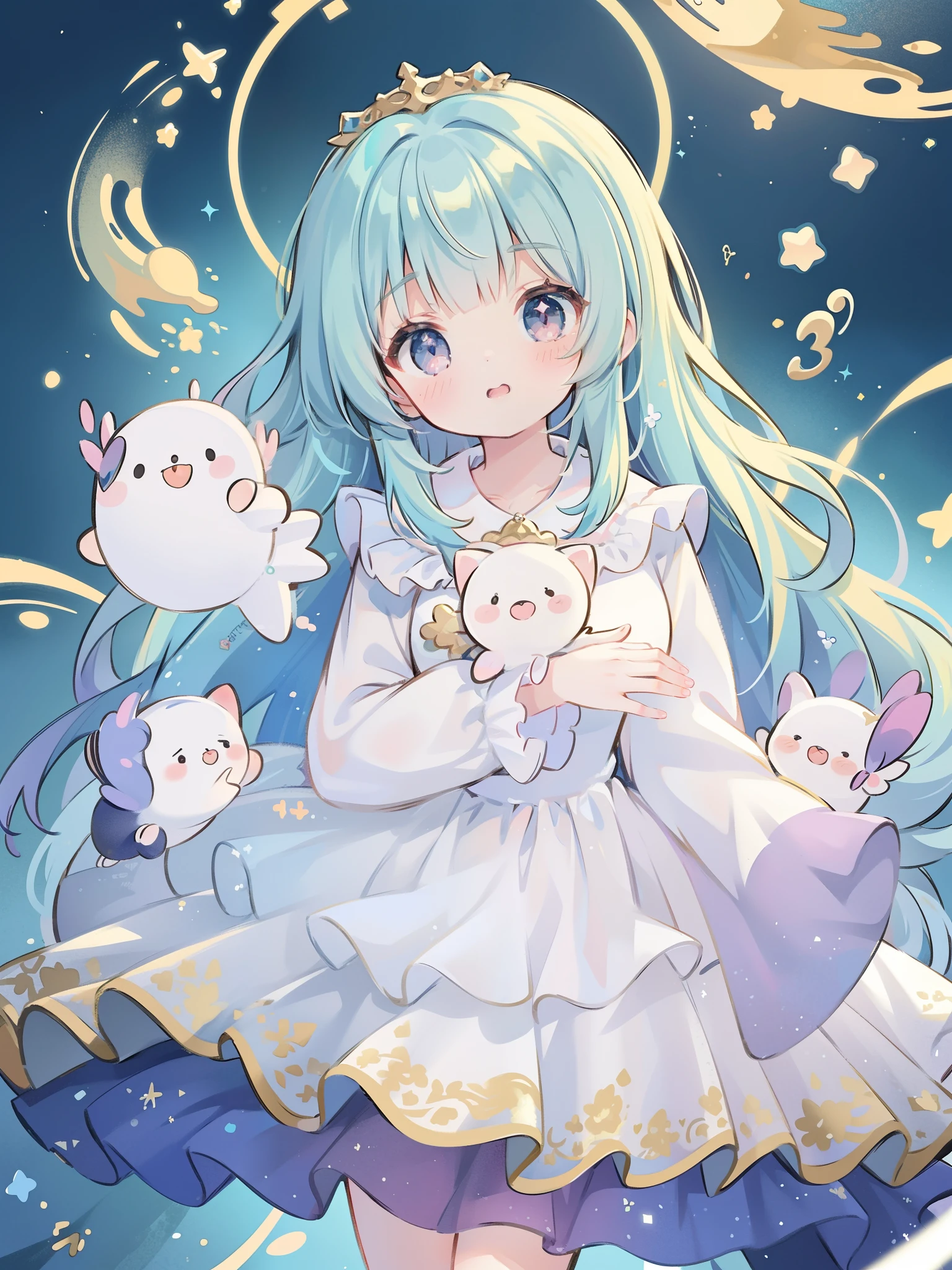 masterpiece, best quality, 8k resolution, sharp focus, intricate detail, beautiful girl, sparkling eyes, golden ratio face, otherworldly liquid, watercolor, pastel colors, bright colors, whimsical, colorful, sharp focus, high resolution, fine detail, ((layered tiered puffy long sleeves ballgown)), ((round eyes)), iridescent bubbles, fantasia background