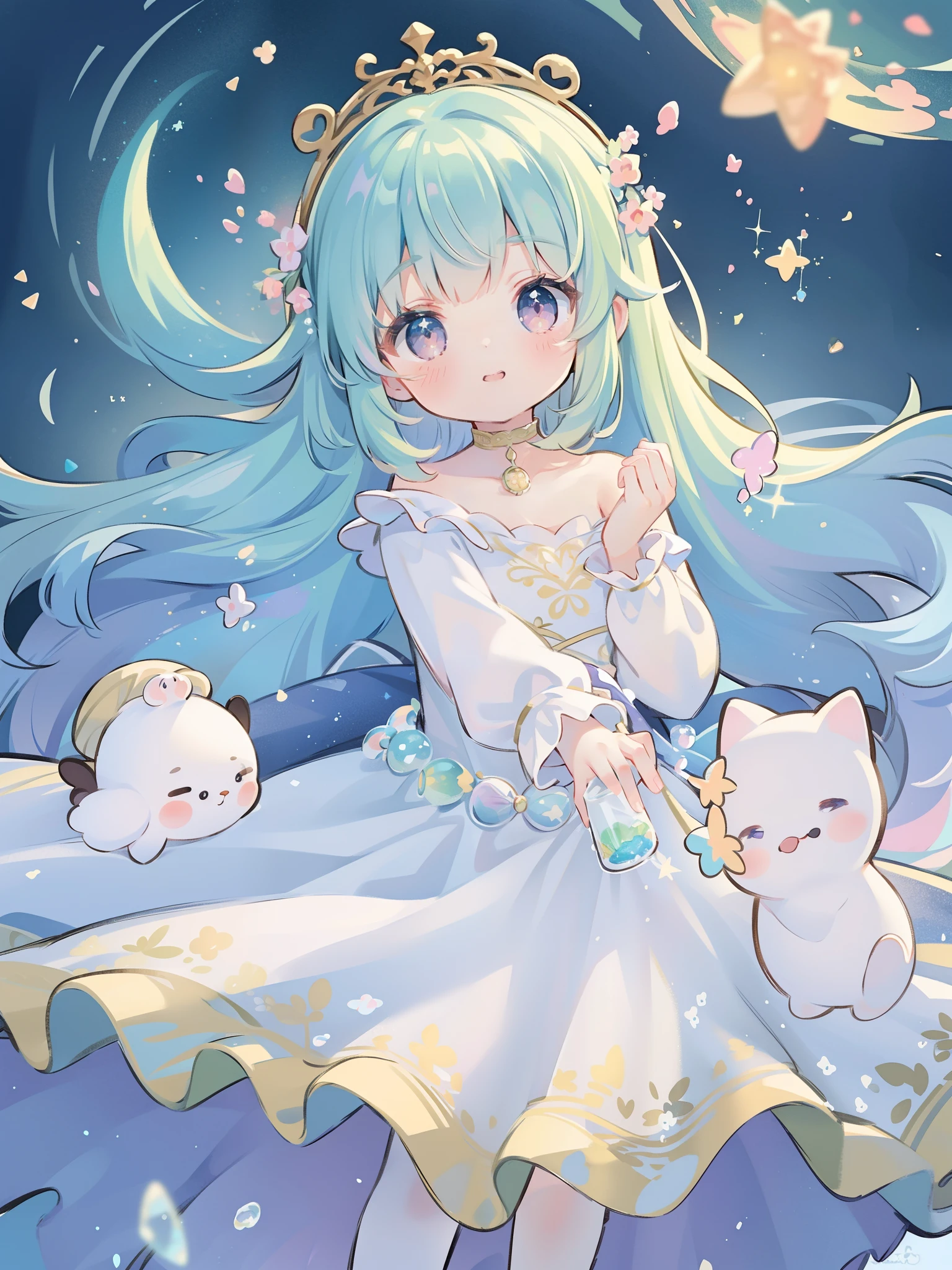 masterpiece, best quality, 8k resolution, sharp focus, intricate detail, beautiful girl, sparkling eyes, golden ratio face, otherworldly liquid, watercolor, pastel colors, bright colors, whimsical, colorful, sharp focus, high resolution, fine detail, ((layered tiered puffy long sleeves ballgown)), ((round eyes)), iridescent bubbles, fantasia background