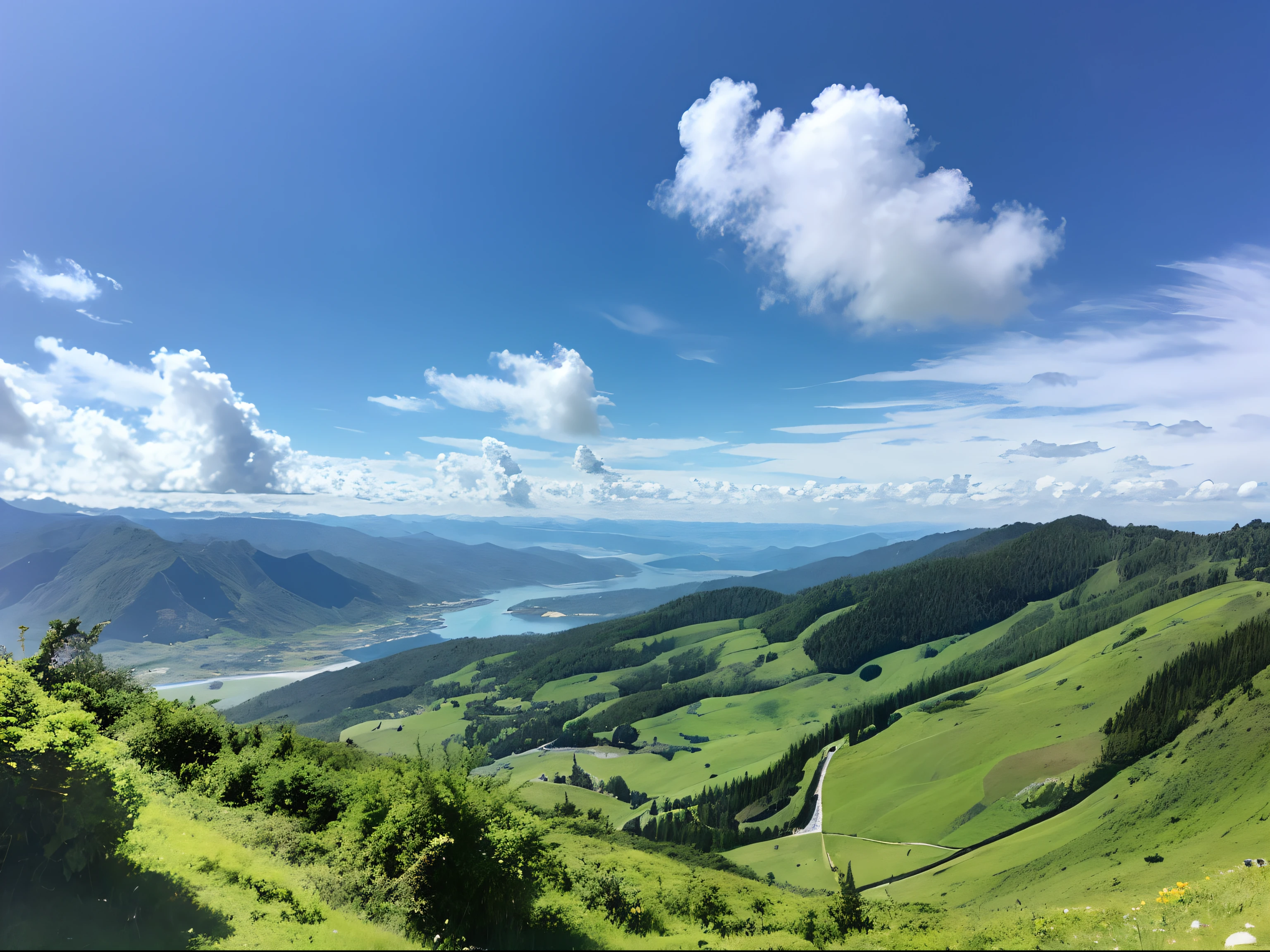 Panoramic view of the sea and green forest land in the distance from a fairly high altitude　A valley covered with greenery in the foreground　The ocean in the distance beyond the forest　Beautiful sky with sparkling sky blue