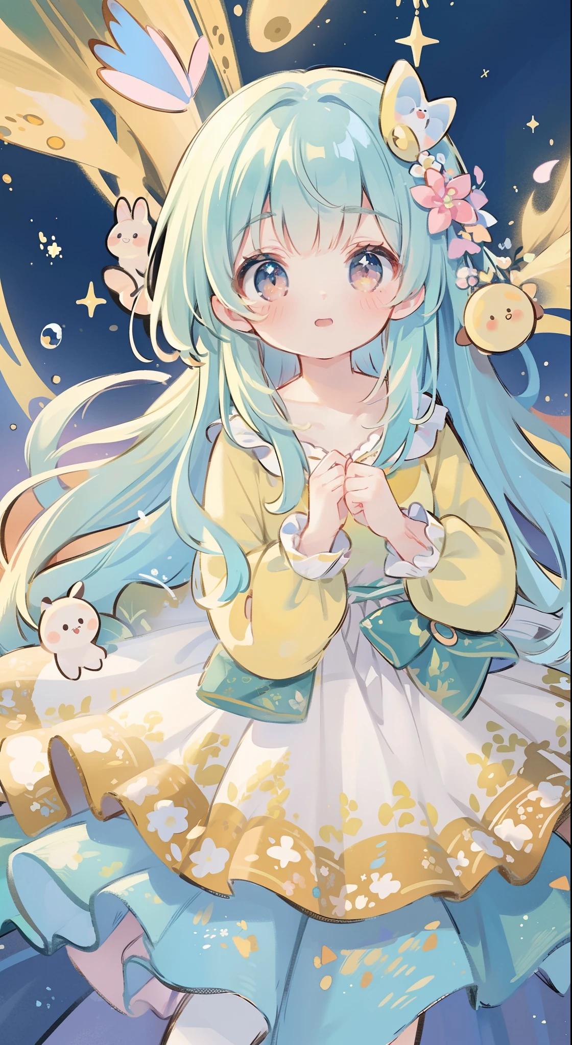 masterpiece, best quality, 8k resolution, sharp focus, intricate detail, beautiful girl, sparkling eyes, golden ratio face, otherworldly liquid, watercolor, warm colors, bright colors, whimsical, colorful, sharp focus, high resolution, fine detail, ((layered tiered puffy long sleeves ballgown)), ((round eyes)), iridescent bubbles, fantasia background