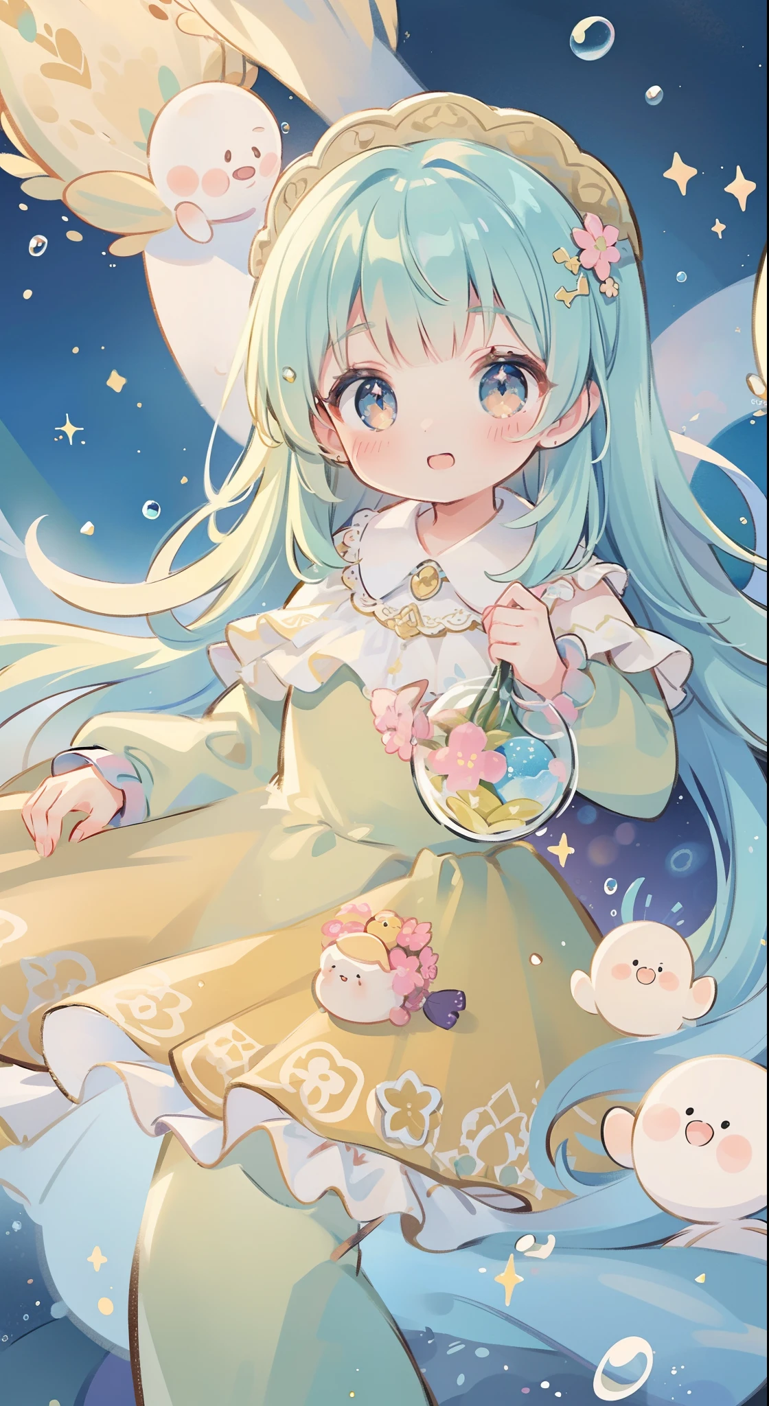 masterpiece, best quality, 8k resolution, sharp focus, intricate detail, beautiful girl, sparkling eyes, golden ratio face, otherworldly liquid, watercolor, warm colors, bright colors, whimsical, colorful, sharp focus, high resolution, fine detail, ((layered tiered puffy long sleeves ballgown)), ((round eyes)), iridescent bubbles, fantasia background