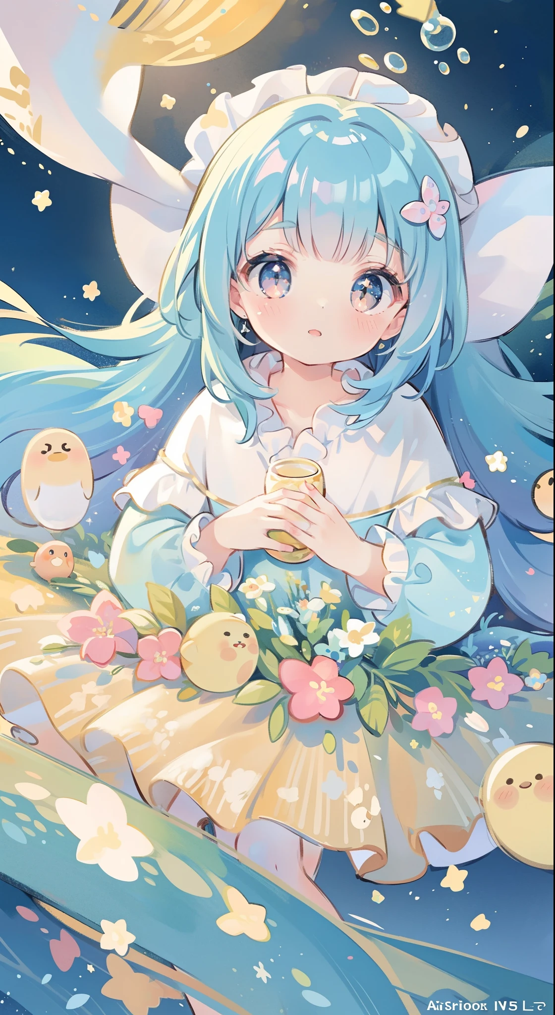 masterpiece, best quality, 8k resolution, sharp focus, intricate detail, beautiful girl, sparkling eyes, golden ratio face, otherworldly liquid, watercolor, warm colors, bright colors, whimsical, colorful, sharp focus, high resolution, fine detail, ((layered tiered puffy long sleeves ballgown)), ((round eyes)), iridescent bubbles, fantasia background