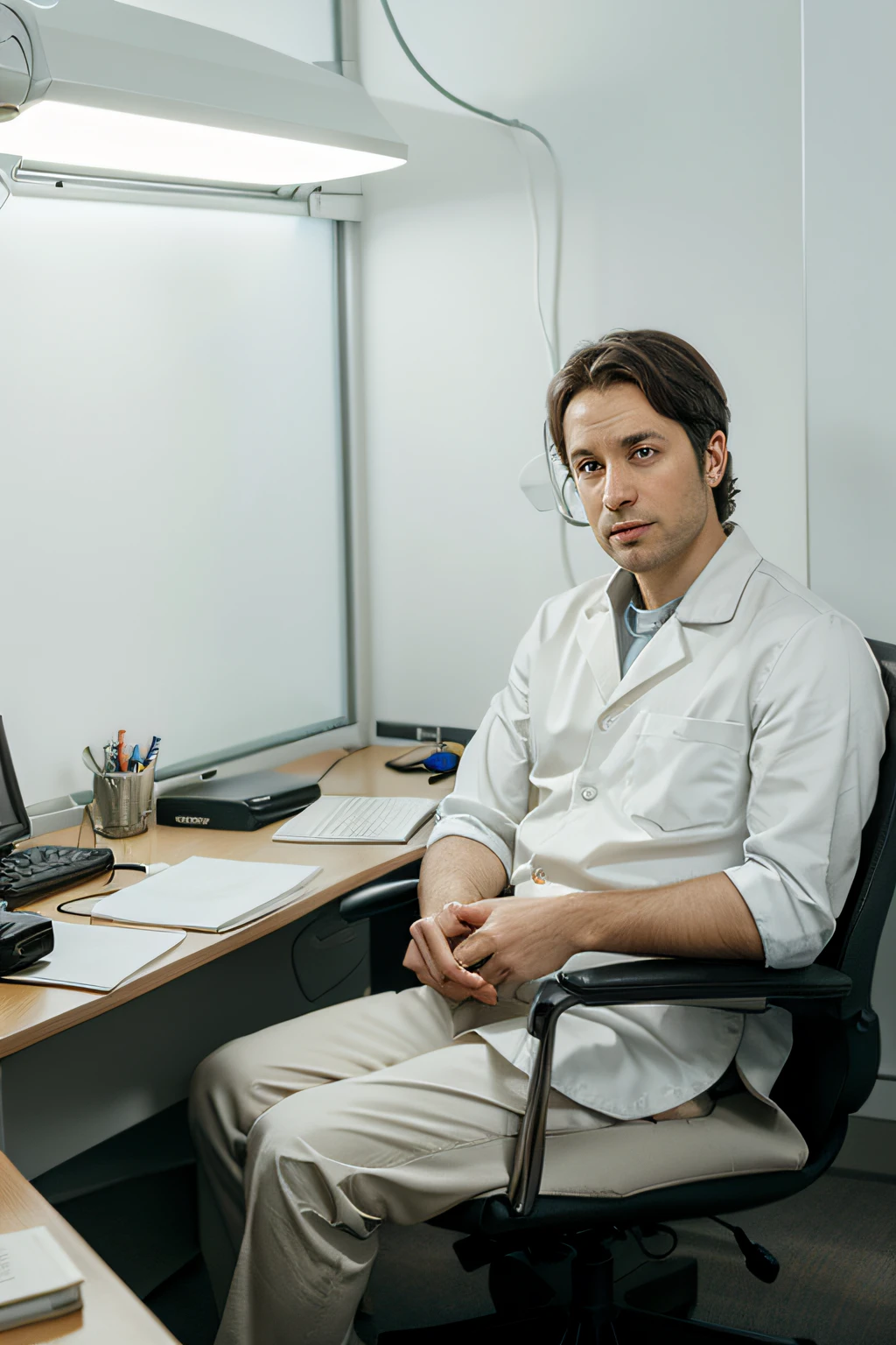 Realistic image of a light-eyed neuroscientist man sitting in his office