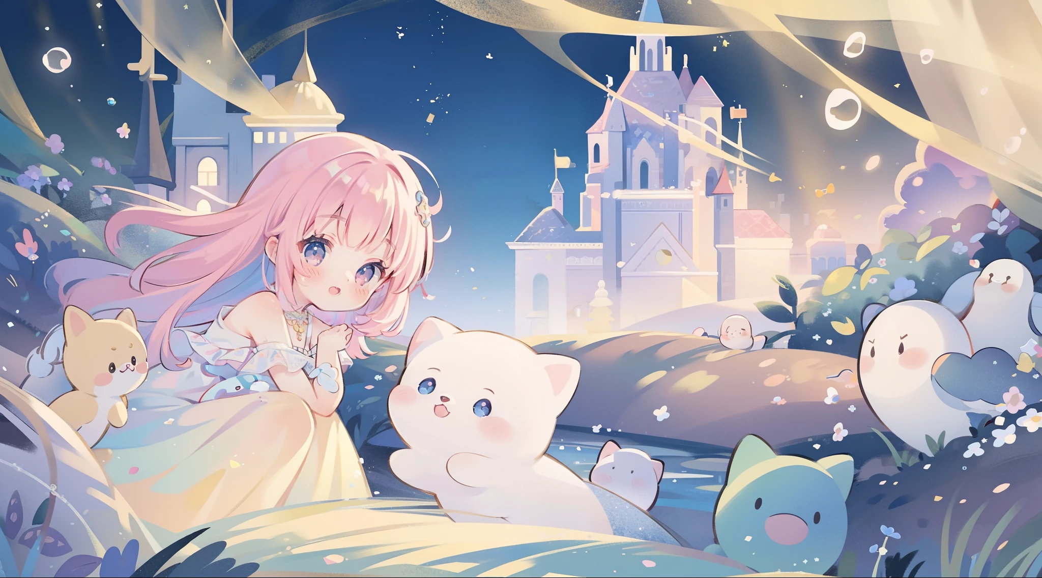 masterpiece, best quality, 8k resolution, sharp focus, intricate detail, beautiful girl, sparkling eyes, golden ratio face, otherworldly liquid, watercolor, pastel colors, bright colors, whimsical, colorful, sharp focus, high resolution, fine detail, princess fantasy flowing ballgown, ((round eyes)), iridescent bubbles, castle landscape in background
