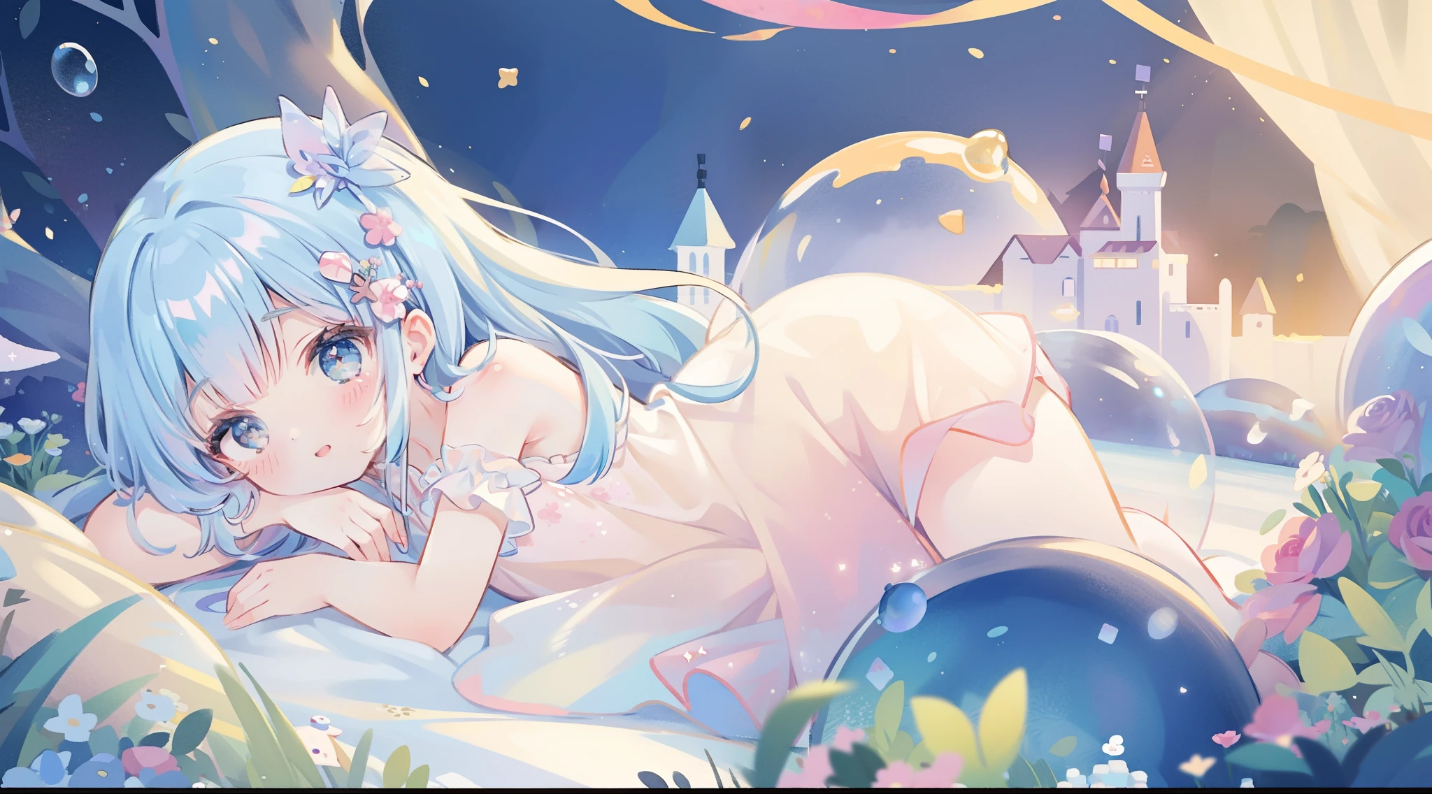 masterpiece, best quality, 8k resolution, sharp focus, intricate detail, beautiful girl, sparkling eyes, golden ratio face, otherworldly liquid, watercolor, pastel colors, bright colors, whimsical, colorful, sharp focus, high resolution, fine detail, princess fantasy flowing ballgown, ((round eyes)), iridescent bubbles, castle landscape in background