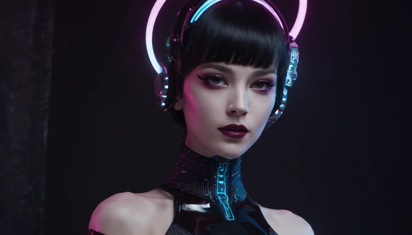 Woman dressed in futuristic leotard posing for a photo in a dark studio, goth make-up, bizarre fashion, neon lights in the background, half body shot, robotic parts, perfect body, ultra detailed, masterpiece.