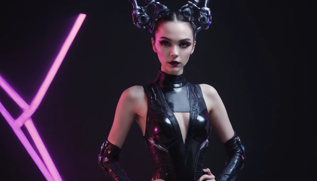 Woman dressed in futuristic leotard posing for a photo in a dark studio, goth make-up, bizarre fashion, neon lights in the background, half body shot, robotic parts, perfect body, ultra detailed, masterpiece.
