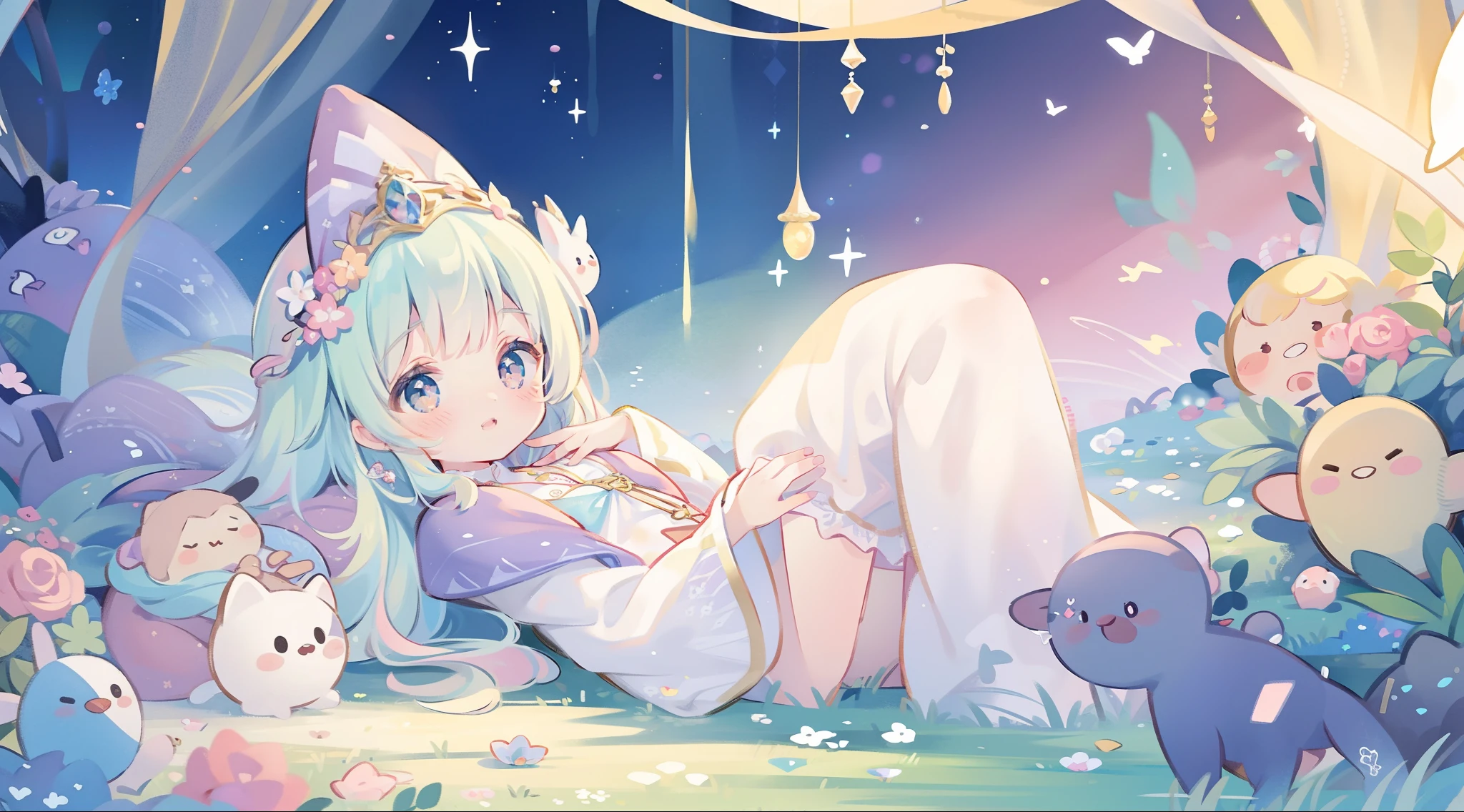 masterpiece, best quality, 8k resolution, sharp focus, intricate detail, beautiful girl, sparkling eyes, golden ratio face, otherworldly liquid, watercolor, pastel colors, bright colors, whimsical, colorful, sharp focus, high resolution, fine detail, princess fantasy flowing ballgown, ((round eyes)), iridescent bubbles, castle landscape in background