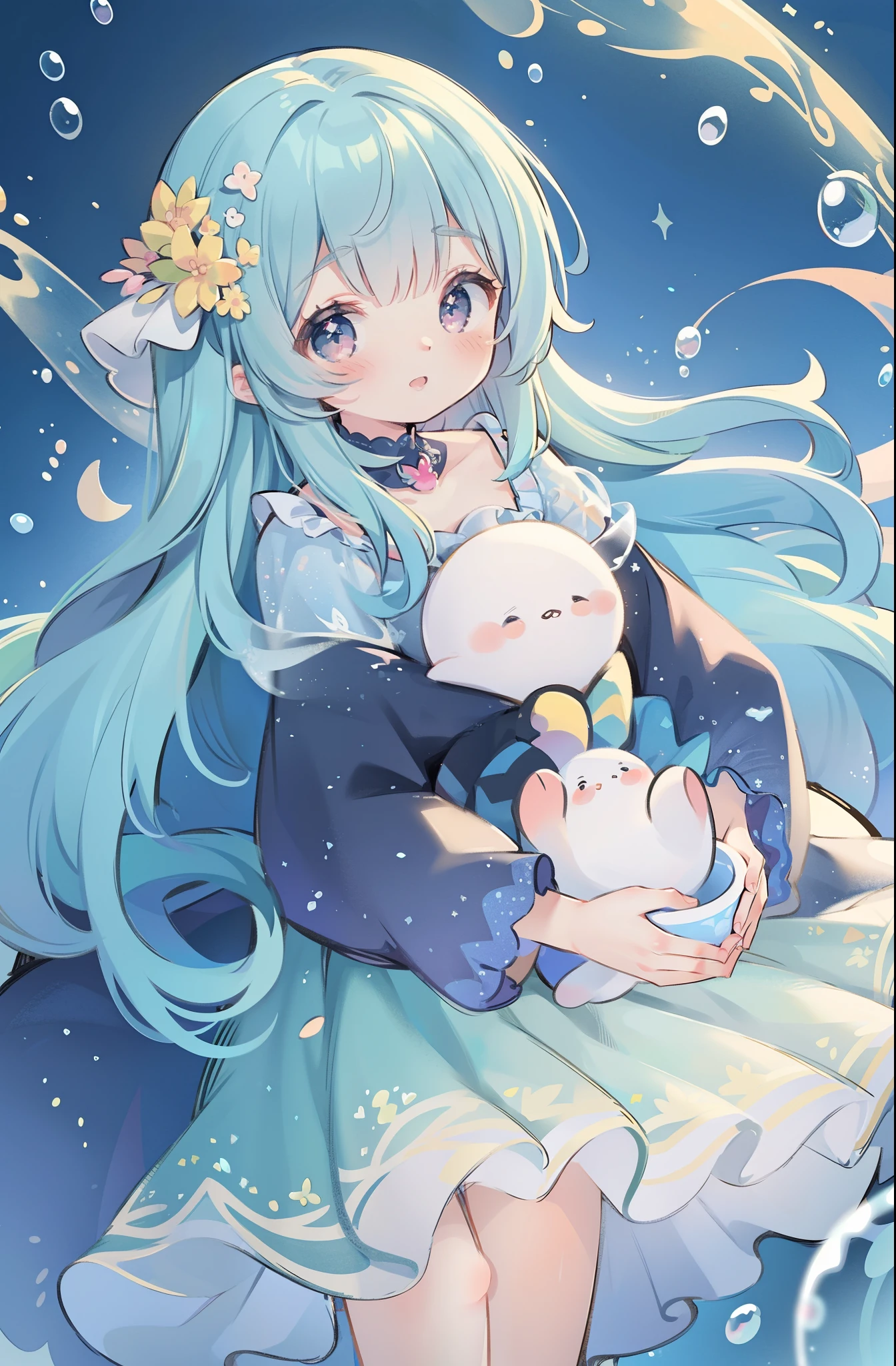 masterpiece, best quality, 8k resolution, sharp focus, intricate detail, beautiful girl, sparkling eyes, golden ratio face, otherworldly liquid, watercolor, cool colors, bright colors, whimsical, colorful, sharp focus, high resolution, fine detail, ((layered tiered puffy long sleeves ballgown)), ((round eyes)), iridescent bubbles, fantasia background