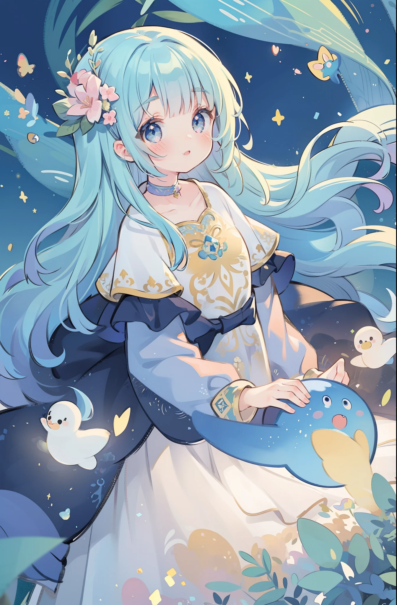 masterpiece, best quality, 8k resolution, sharp focus, intricate detail, beautiful girl, sparkling eyes, golden ratio face, otherworldly liquid, watercolor, cool colors, bright colors, whimsical, colorful, sharp focus, high resolution, fine detail, ((layered tiered puffy long sleeves ballgown)), ((round eyes)), iridescent bubbles, fantasia background