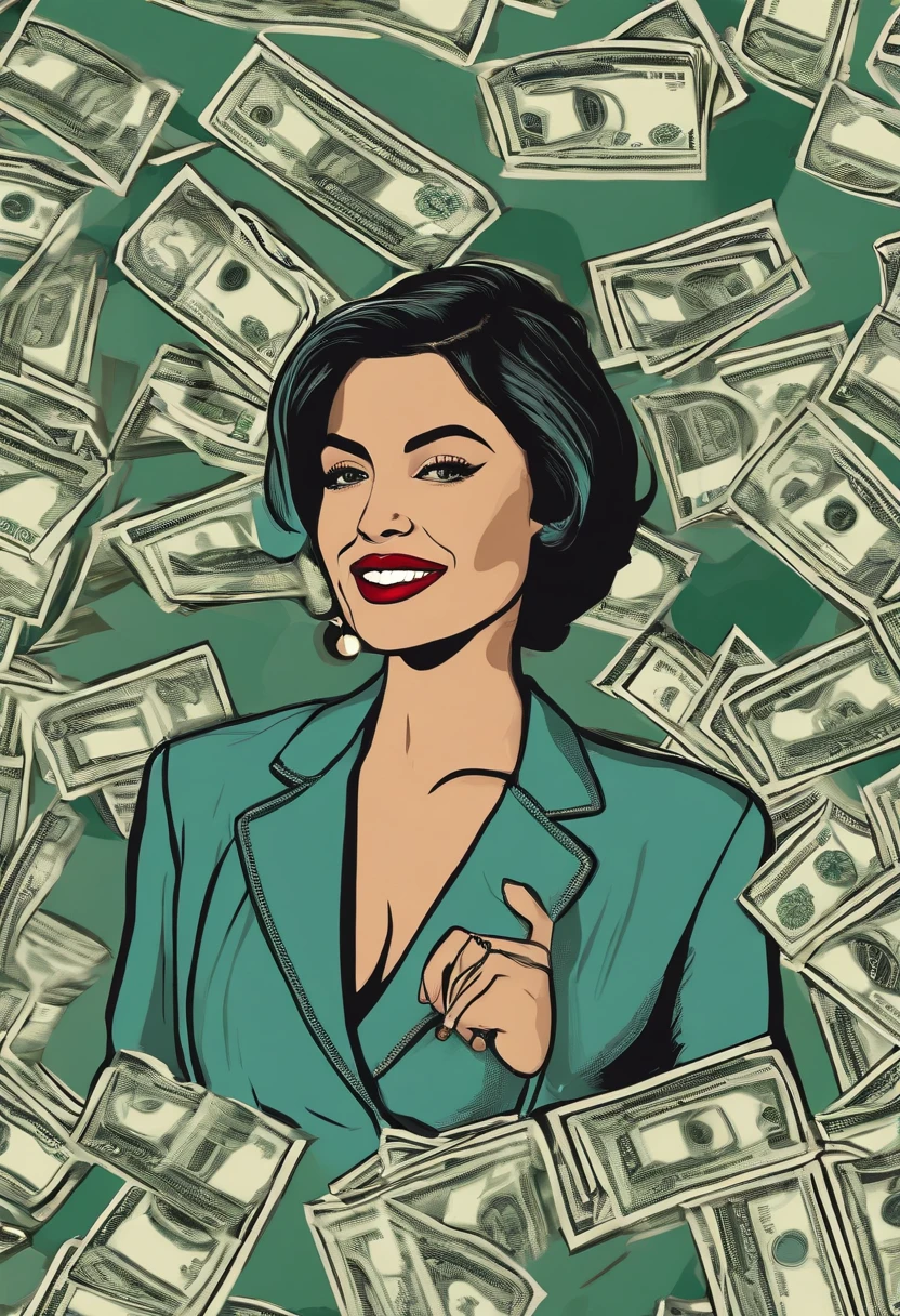 sticker, rich woman, Blue, Green,Black, Gray miniature, happy ,wearing sports jacket, outline, vector, white background, vinyl sticker. money. lots of money and happiness. ultra realistic with sharp details. realist
