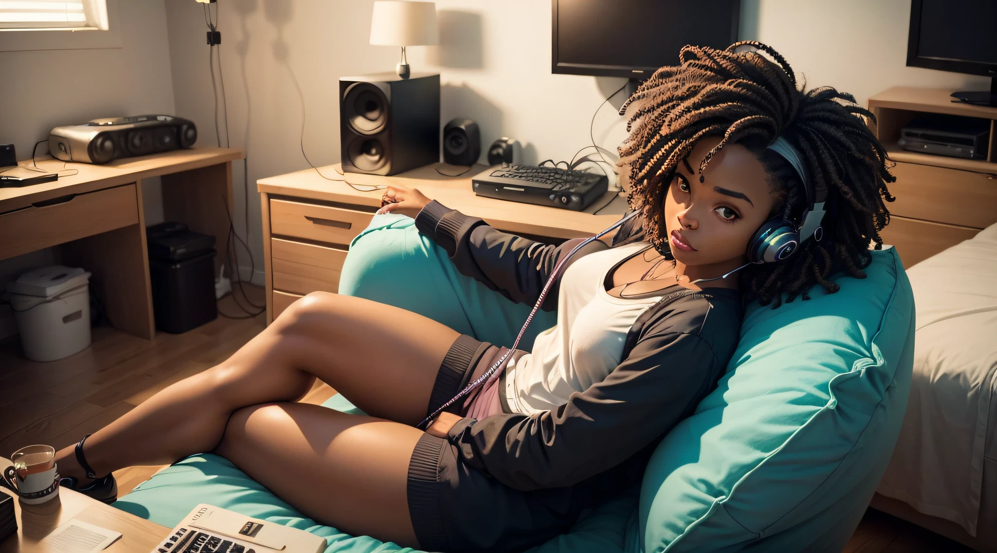 a 40 year old black woman, relaxed, sexy, sitting in bedroom, legs crossed, medium length natural hair, pink headphones. for YouTube lofi channel