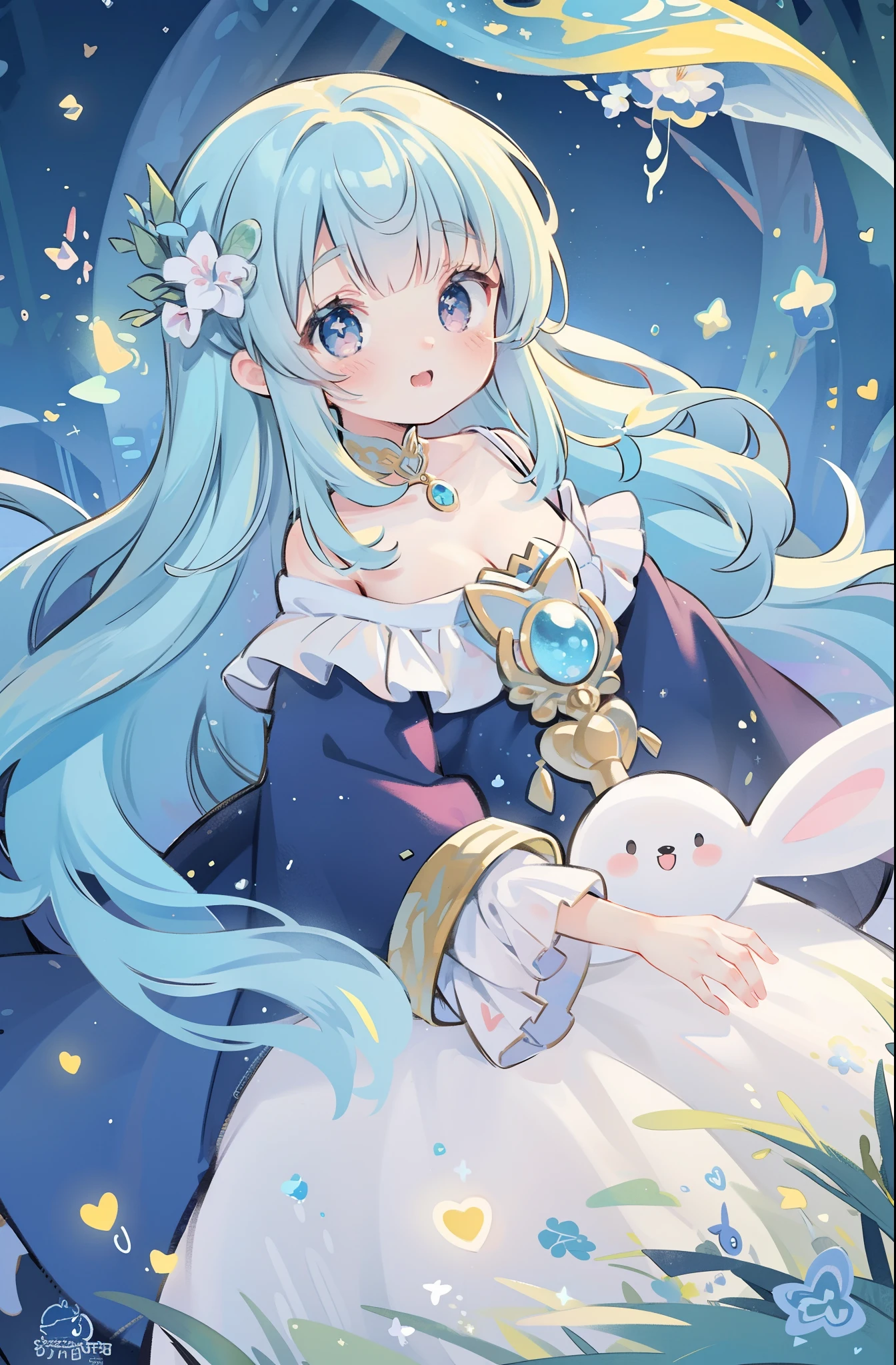 masterpiece, best quality, 8k resolution, sharp focus, intricate detail, beautiful girl, sparkling eyes, golden ratio face, otherworldly liquid, watercolor, cool colors, bright colors, whimsical, colorful, sharp focus, high resolution, fine detail, ((layered tiered puffy long sleeves ballgown)), ((round eyes)), iridescent bubbles, fantasia background