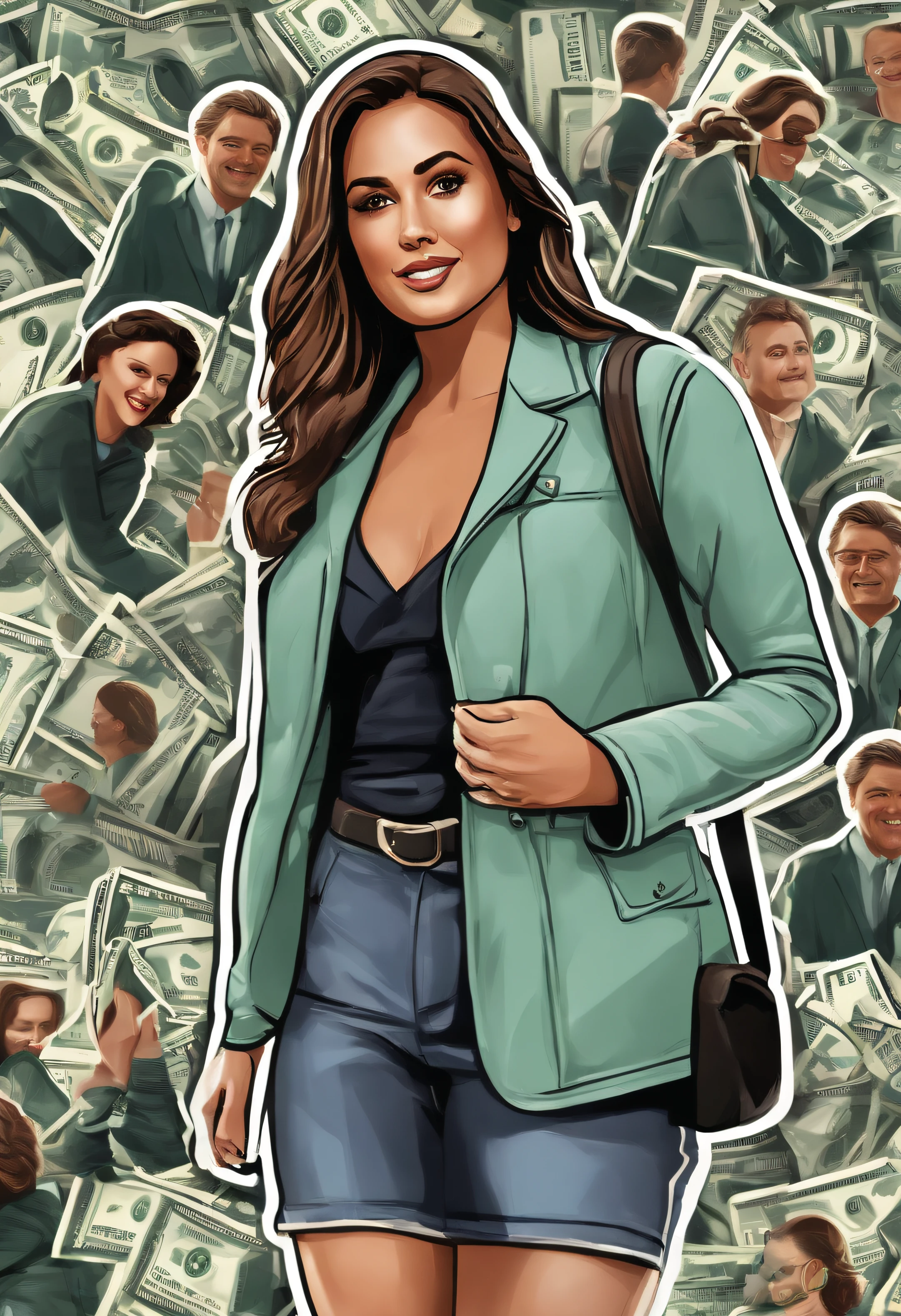 sticker, rich woman, Blue, Green,Black, Gray miniature, happy ,wearing sports jacket, outline, vector, white background, vinyl sticker. money. lots of money and happiness. ultra realistic with sharp details. realist
