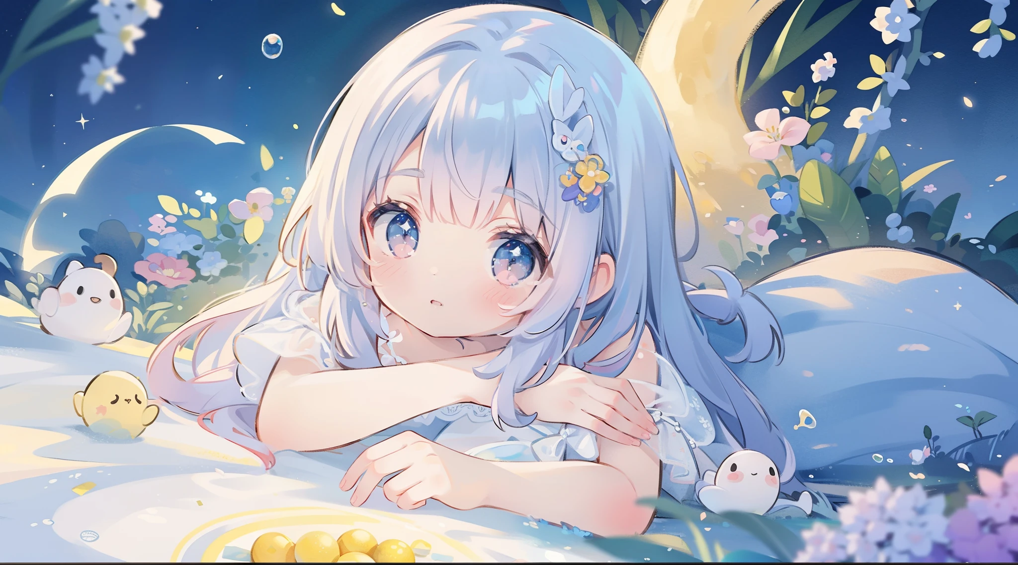 masterpiece, best quality, 8k resolution, sharp focus, intricate detail, beautiful girl, sparkling eyes, golden ratio face, otherworldly liquid, watercolor, pastel colors, bright colors, whimsical, colorful, sharp focus, high resolution, fine detail, fantasy ballgown, ((round eyes)), iridescent bubbles, magical