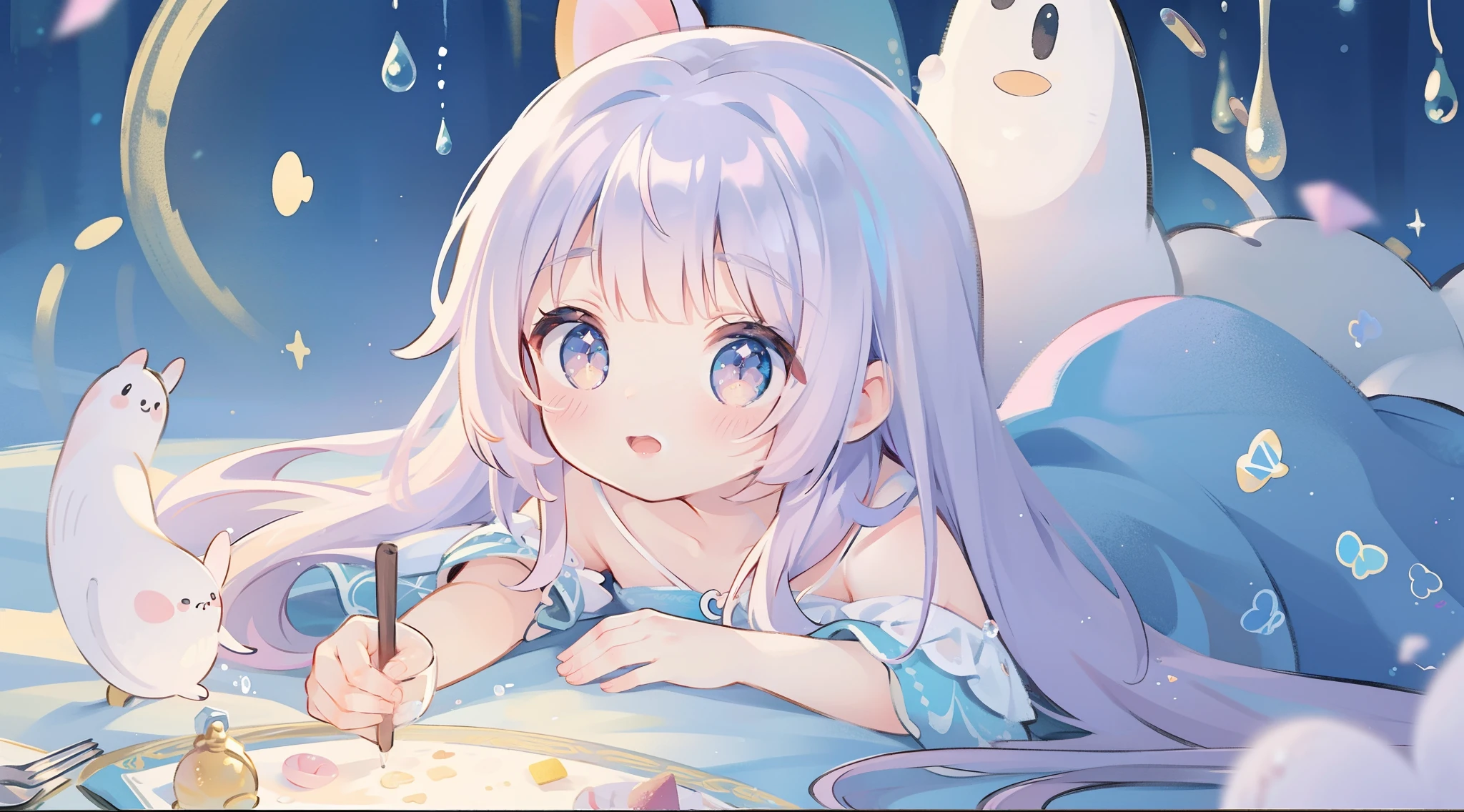 masterpiece, best quality, 8k resolution, sharp focus, intricate detail, beautiful girl, sparkling eyes, golden ratio face, otherworldly liquid, watercolor, pastel colors, bright colors, whimsical, colorful, sharp focus, high resolution, fine detail, fantasy ballgown, ((round eyes)), iridescent bubbles, magical