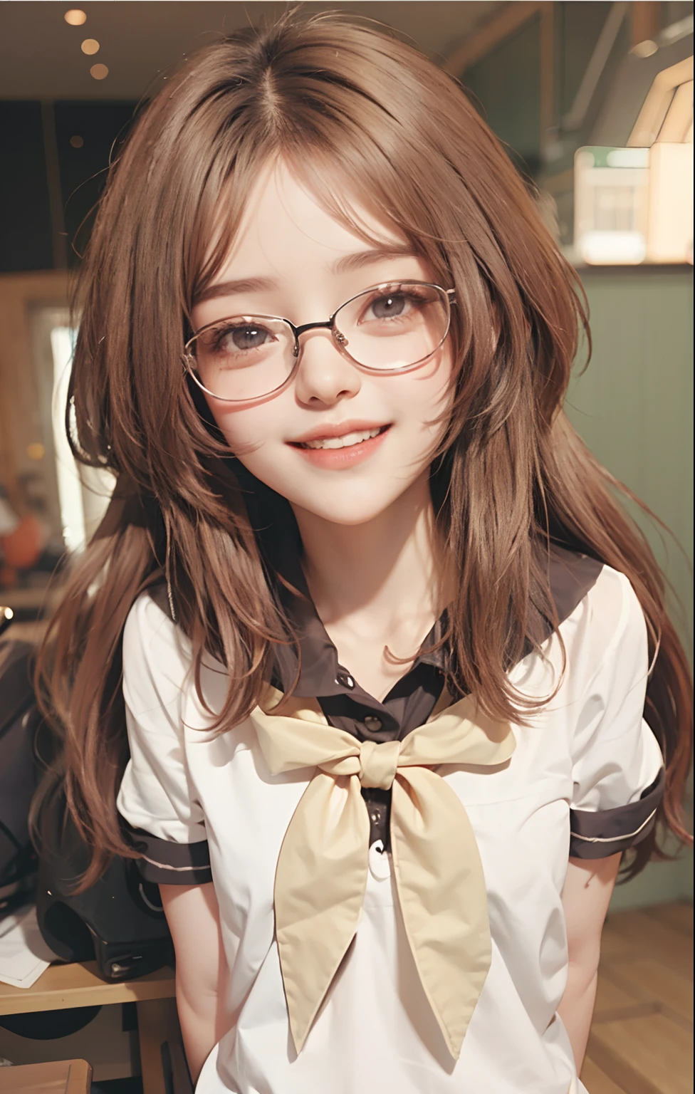 Lora realistis 1 girl wearing glasses while laughing sweetly