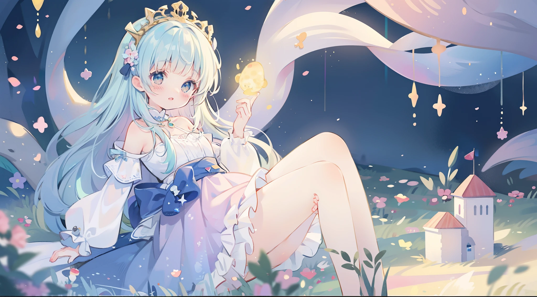 masterpiece, best quality, 8k resolution, sharp focus, intricate detail, beautiful girl, sparkling eyes, golden ratio face, otherworldly liquid, watercolor, pastel colors, bright colors, whimsical, colorful, sharp focus, high resolution, fine detail, princess fantasy flowing ballgown, ((round eyes)), iridescent bubbles, castle landscape in background