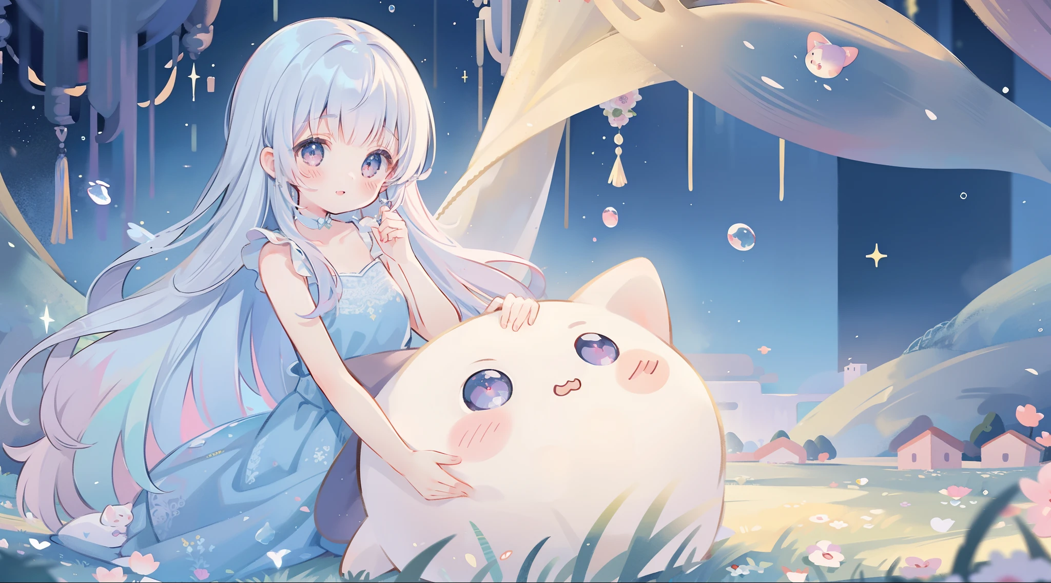 masterpiece, best quality, 8k resolution, sharp focus, intricate detail, beautiful girl, sparkling eyes, golden ratio face, otherworldly liquid, watercolor, pastel colors, bright colors, whimsical, colorful, sharp focus, high resolution, fine detail, princess fantasy flowing ballgown, ((round eyes)), iridescent bubbles, castle landscape in background