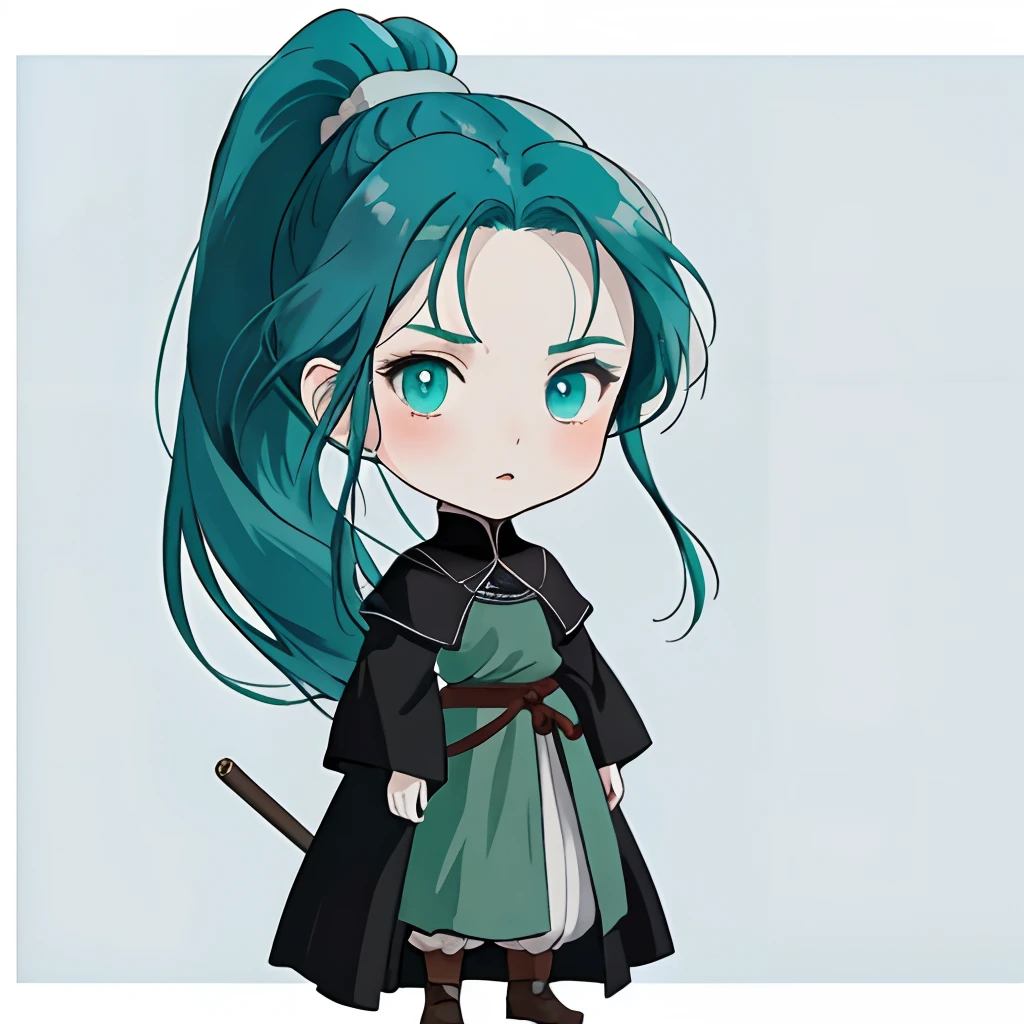 Chibi girl in Ghibli style with long dark turquoise hair in a ponytail in a medieval closed dark dress without background in full length, Serious Cold Gaze, pale skin, Cyan eyes