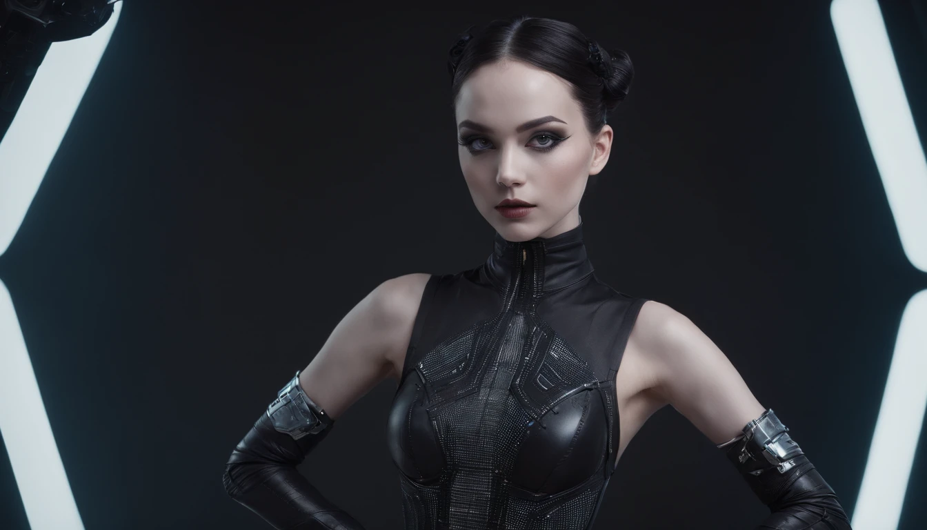 Woman dressed in futuristic leotard posing for a photo in a dark studio, goth make-up, bizarre fashion, minimalistic background, half body shot, robotic parts, perfect body, ultra detailed, masterpiece.