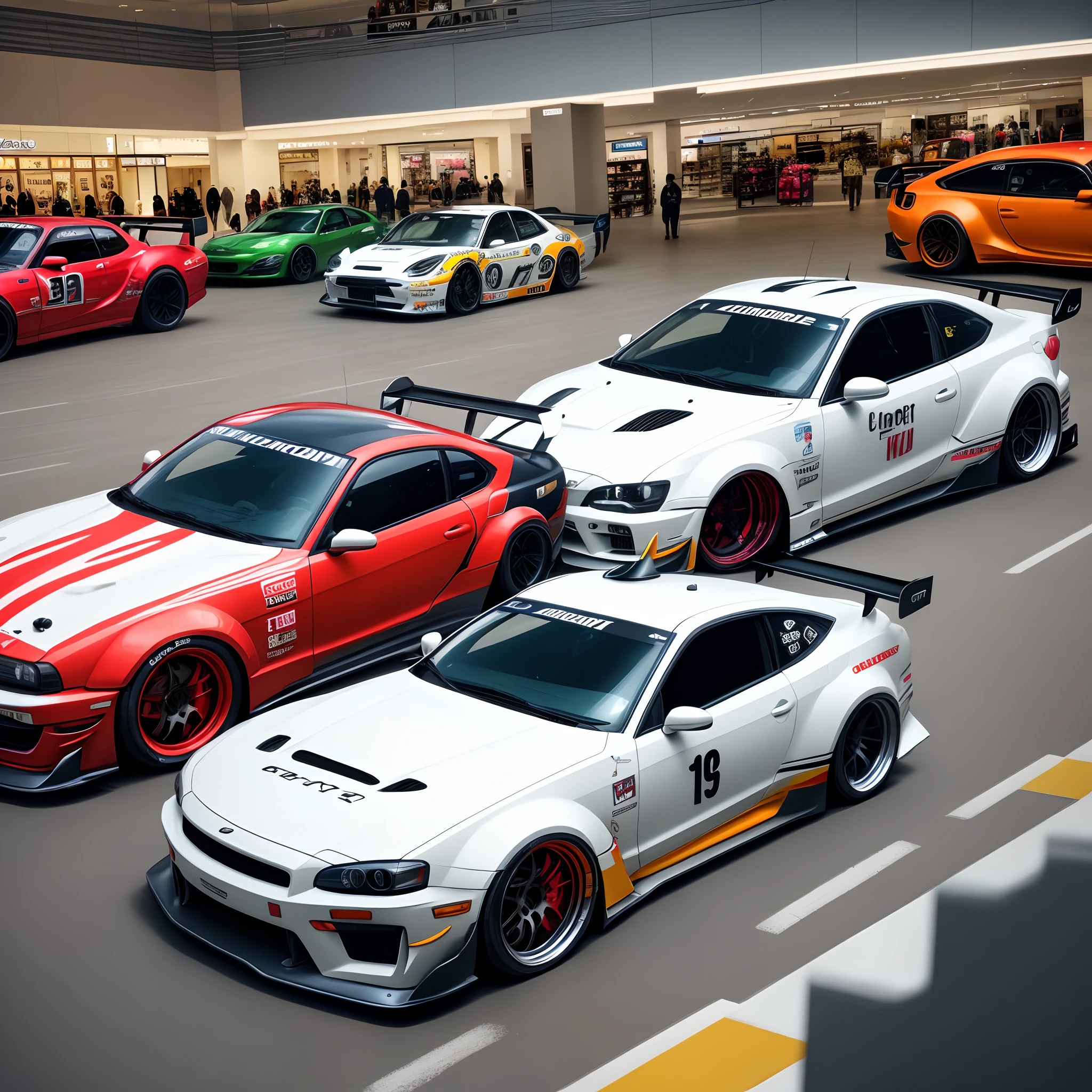 Drift cars inside a shopping mall