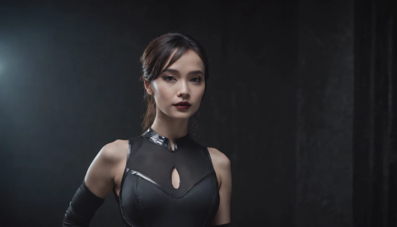 Woman dressed in futuristic leotard posing for a photo in a dark studio, goth make-up, bizarre fashion, minimalistic background, half body shot, robotic parts, perfect body, ultra detailed, masterpiece.