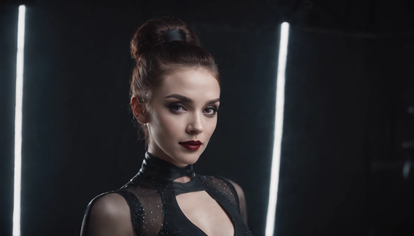 Woman dressed in futuristic leotard posing for a photo in a dark studio, goth make-up, bizarre fashion, minimalistic background, half body shot, robotic parts, perfect body, ultra detailed, masterpiece.