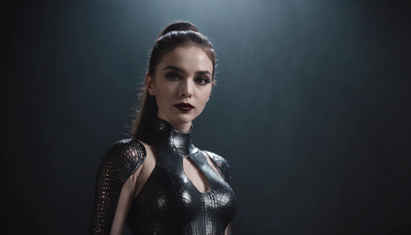 Woman dressed in futuristic leotard posing for a photo in a dark studio, goth make-up, bizarre fashion, minimalistic background, half body shot, robotic parts, perfect body, ultra detailed, masterpiece.