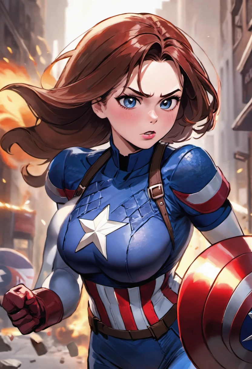 Haley Atwell (Captain Carter X Captain America), dynamic pose, dynamic background, Iconic Shield, intense eyes, strong jawline, determined expression, vibrant colors, cinematic lighting,(best quality,4k,highres:1.2),ultra-detailed,realistic,physically-based rendering,sharp focus,portraits,(concept artists:1.1)