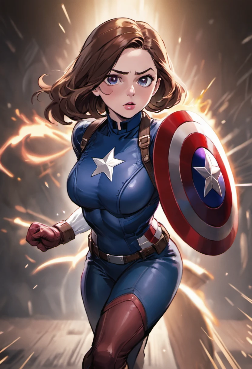 Haley Atwell (Captain Carter X Captain America), dynamic pose, dynamic background, Iconic Shield, intense eyes, strong jawline, determined expression, vibrant colors, cinematic lighting,(best quality,4k,highres:1.2),ultra-detailed,realistic,physically-based rendering,sharp focus,portraits,(concept artists:1.1)