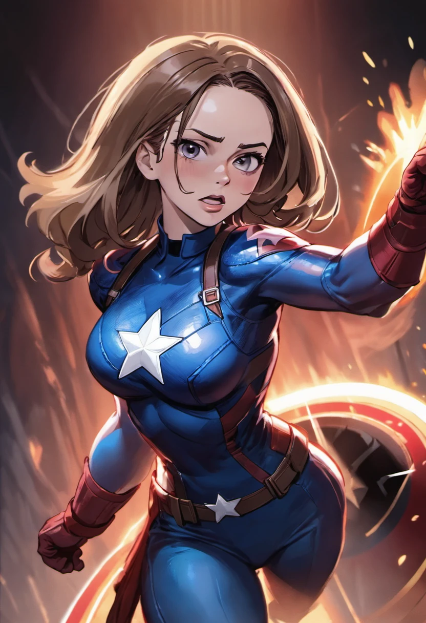 Haley Atwell (Captain Carter X Captain America), dynamic pose, dynamic background, Iconic Shield, intense eyes, strong jawline, determined expression, vibrant colors, cinematic lighting,(best quality,4k,highres:1.2),ultra-detailed,realistic,physically-based rendering,sharp focus,portraits,(concept artists:1.1)