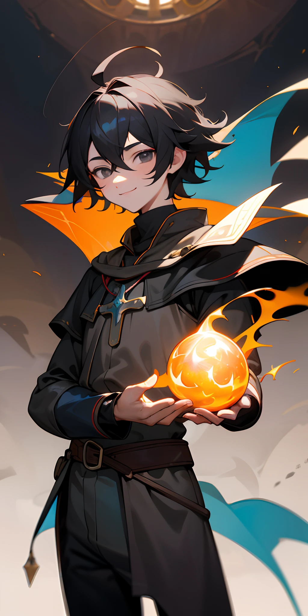 1 boy、(1 boy),A dark-haired、Splattered hair、18year old、A smile、Smiled、((Costumes of medieval Europe)),Knights,(grey Clothes),Black eyes、cowboy  shot,Young features、fool、Ahoge、roundly eyes、(Round eyes)、magia,shorth hair,musculature、((ember))