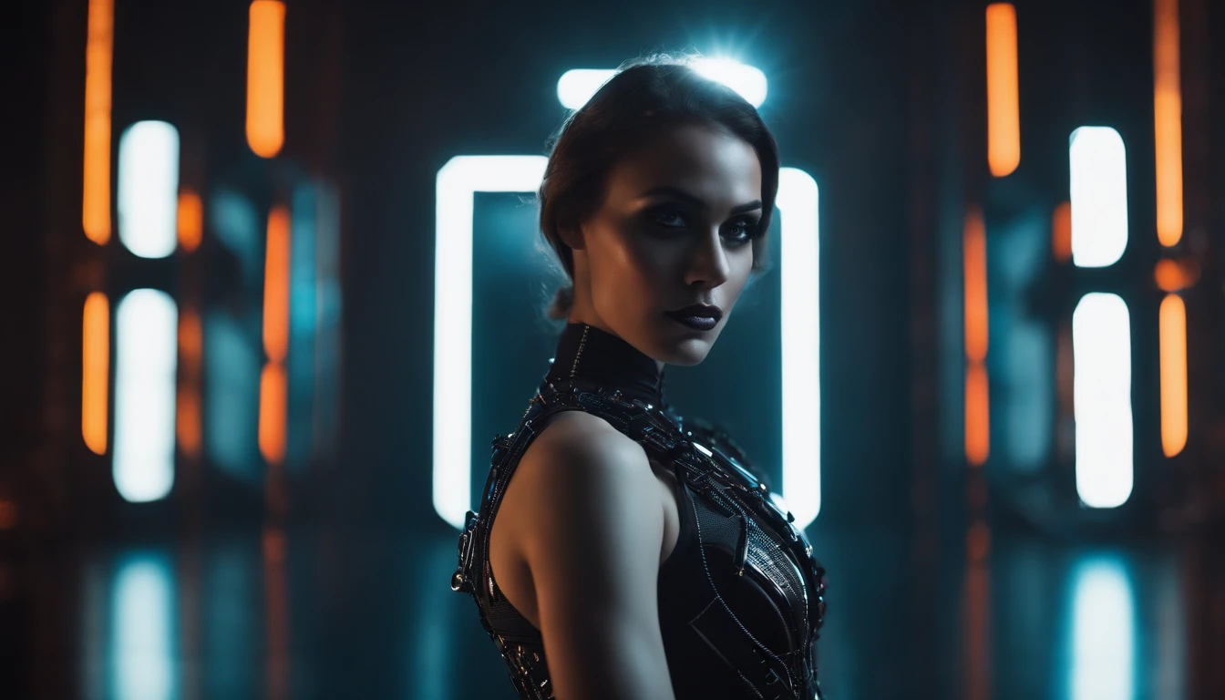 Woman dressed in futuristic leotard posing for a photo in a dark studio, goth make-up, bizarre fashion, minimalistic background, half body shot, robotic parts, perfect body, ultra detailed, masterpiece.