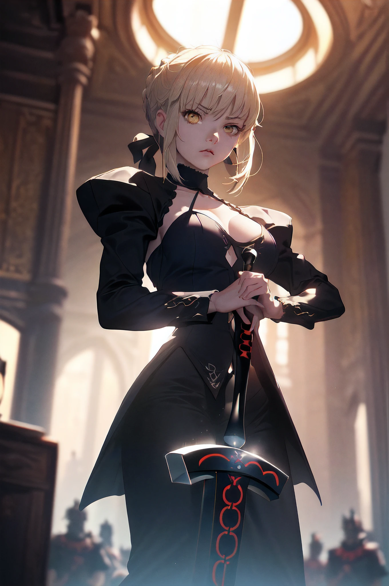 (masterpiece, high resolution, dramatic photo:1.3), Artoria Pendragon from Fate anime, (holding the legendary Excalibur sword with both hands:1.2), (capturing the essence of the moment in a visually striking composition:1.2), (Canon EOS-1D X Mark III camera ensuring exceptional detail:1.2), (paired with a Sigma 50mm f/1.4 DG HSM Art lens for intense clarity:1.2), (dramatic lighting casting deep shadows, emphasizing the regal silhouette:1.2), (ultra photorealistic rendering, bringing out the power and grandeur of Excalibur:1.3), (focused composition highlighting Artoria's stoic stance and the majestic sword:1.2), (dynamic angles creating a sense of urgency and importance in the scene:1.2)