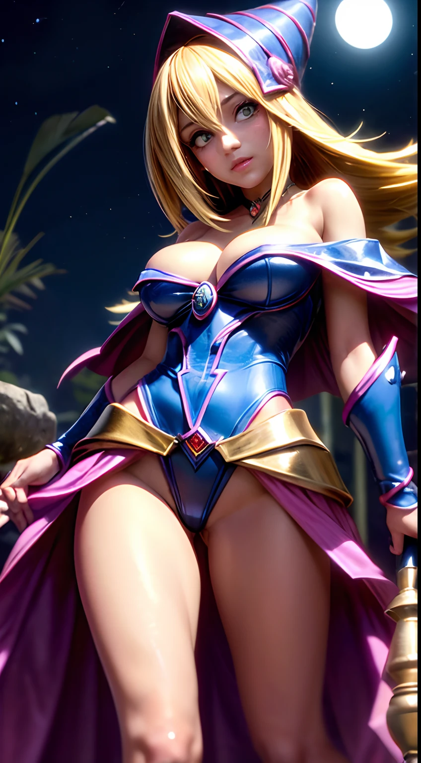 "Photograph of dark magician gils as a sorceress under the moonlight, su calabaza arrojando un resplandor espeluznante. espeluznante, atmospheric, Hora dorada, encantador, Oscuro y encantador."