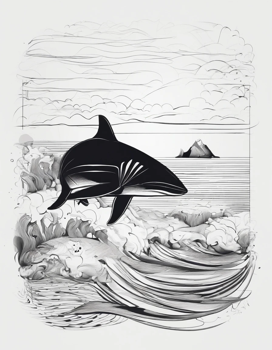 dibujo en blanco y negro, un tiburon en el fondo del mar