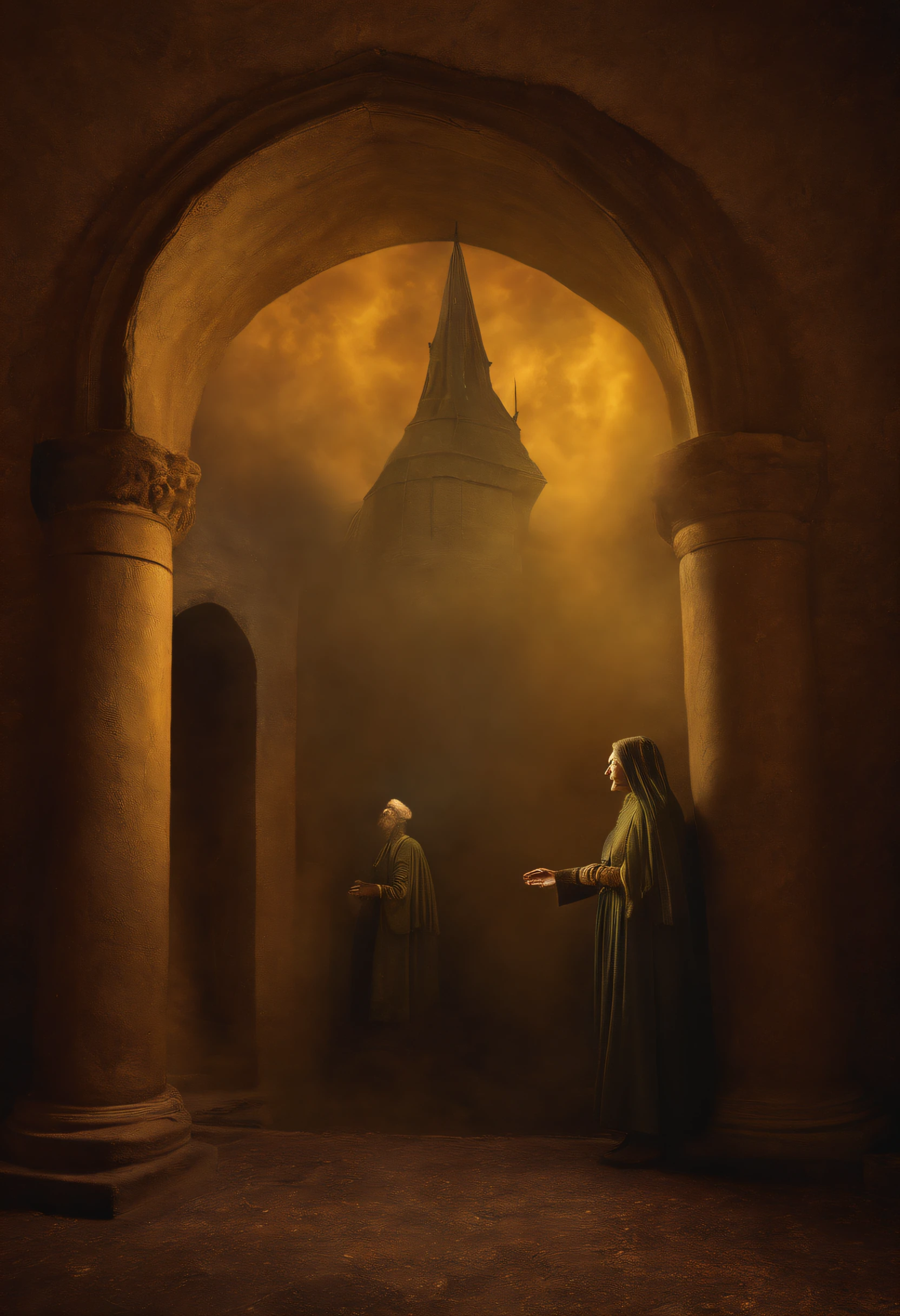 a museum in a perfect storm, striking colorful composition, disturbance into the matrix, high contrast, a hallucinating visual illusion, SILHOUETTES DANCING, old masters fine art look, Zdzislaw Beksinski collaboration with reinterpreted by Remedios Varo, chiaroscuro, homelike visionary dream brimming with viscose and dry, 8k