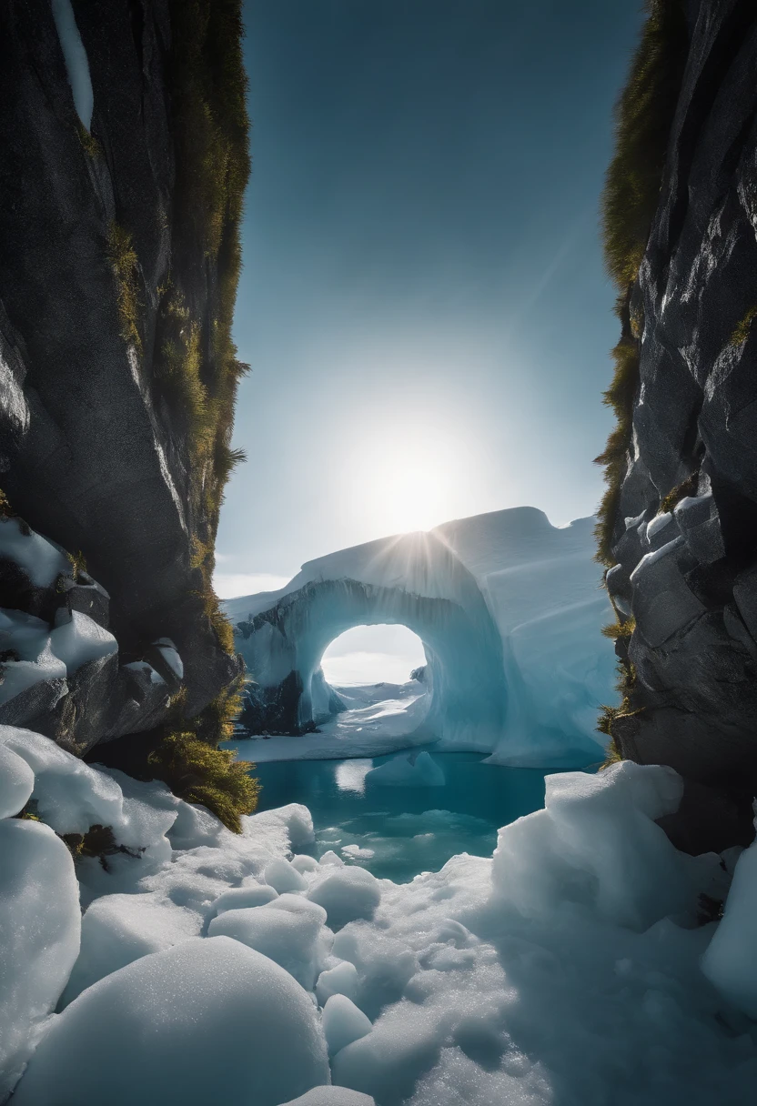 Antarctic continent、a paradise、Huge ice wall、tunnel、Plants、verdant、天空、suns