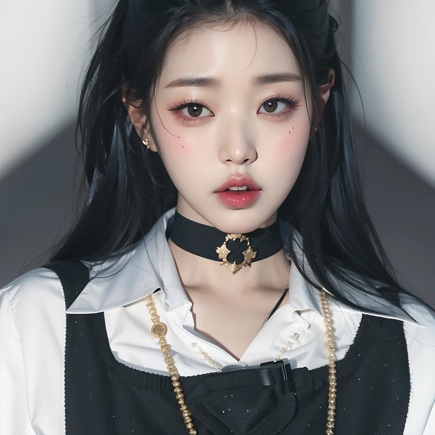 Un primer plano de una mujer con un collar y una camisa blanca, Jinyoung Shin, Retrato de Jossi de Blackpink, cruel korean goth girl, con gargantilla negra, usando gargantilla, Jossi de Blackpink, Heonhwa Choe, Parque Ji-min, Jaeyeon Nam, portrait of female Korean idol, usando una intrincada gargantilla negra, ulzzang, gargantilla