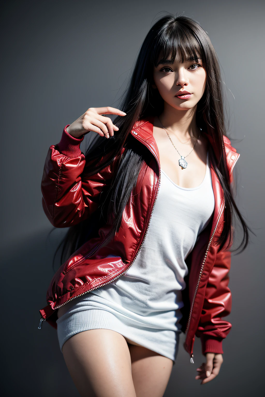 girl, long black hair, cute, cat pose, red jacket, silver necklace, brown eyes, realistic, human