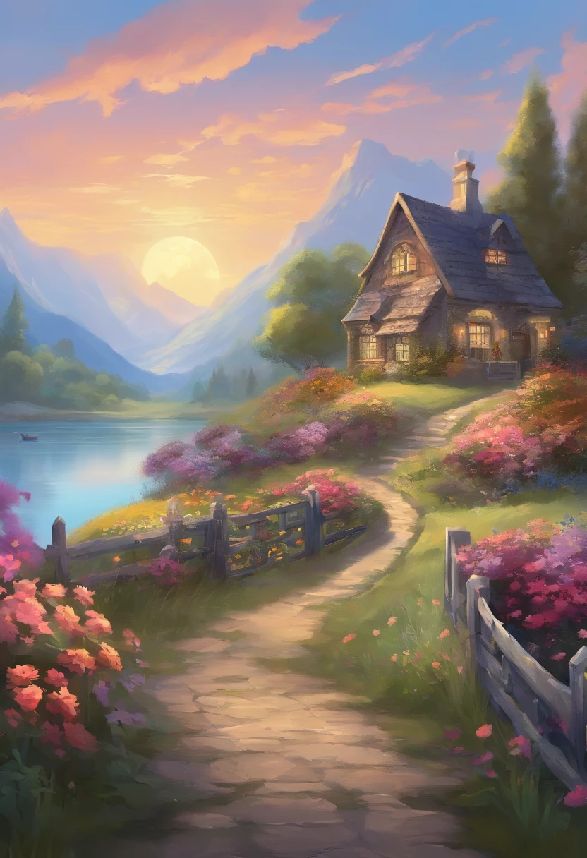 painting of a cottage, flowers beside of fence, fence along the road, mountain landscape with a lake and a boat, illustration matte painting, inspired by Thomas Kinkade, symmetric matte painting, detailed scenery , style raw, 8 k ultra detailed